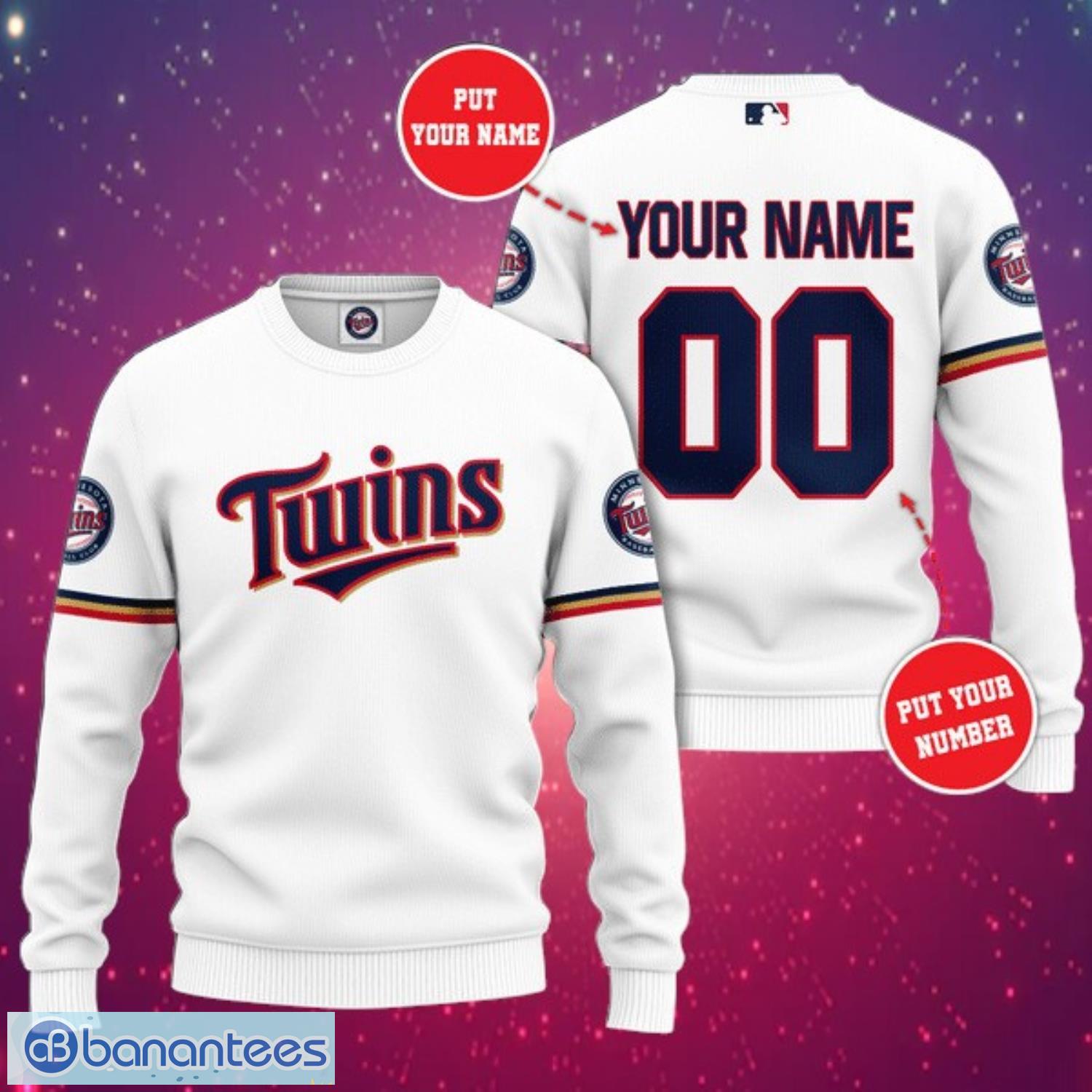mlb minnesota twins logo design simple white sweatshirt custom name and number sweatshirt 3d image MLB Minnesota Twins Logo Design Simple White Sweatshirt Custom Name And Number Sweatshirt 3D Product Photo 1