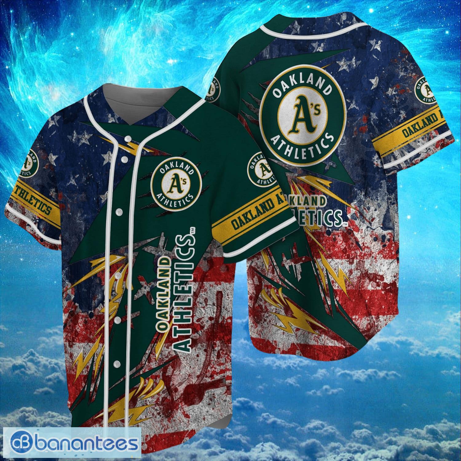 mlb oakland athletics logo design us flag gifts baseball jersey shirt full print image MLB Oakland Athletics Logo Design US Flag Gifts Baseball Jersey Shirt Full Print Product Photo 1