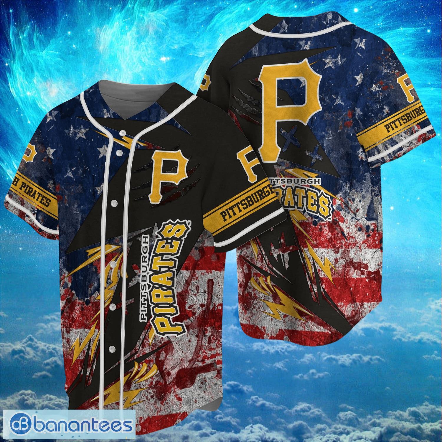 mlb pittsburgh pirates logo design us flag gifts baseball jersey shirt full print image MLB Pittsburgh Pirates Logo Design US Flag Gifts Baseball Jersey Shirt Full Print Product Photo 1