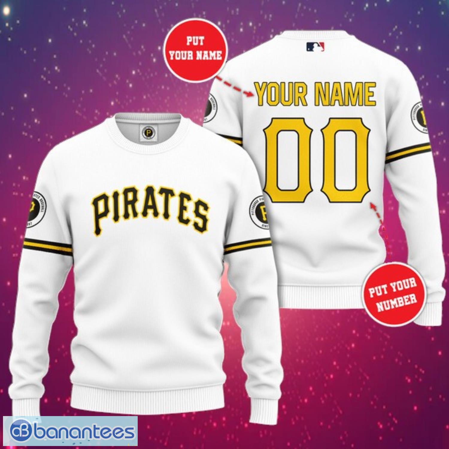 mlb pittsburgh pirates logo design white sweatshirt custom name and number sweatshirt 3d image MLB Pittsburgh Pirates Logo Design White Sweatshirt Custom Name And Number Sweatshirt 3D Product Photo 1