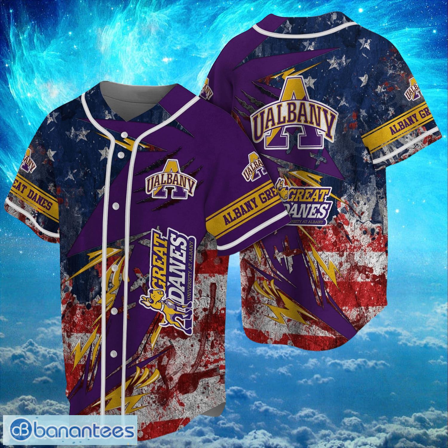 ncaa albany great danes logo design baseball jersay shirt full print image NCAA Albany Great Danes Logo Design Baseball Jersay Shirt Full Print Product Photo 1