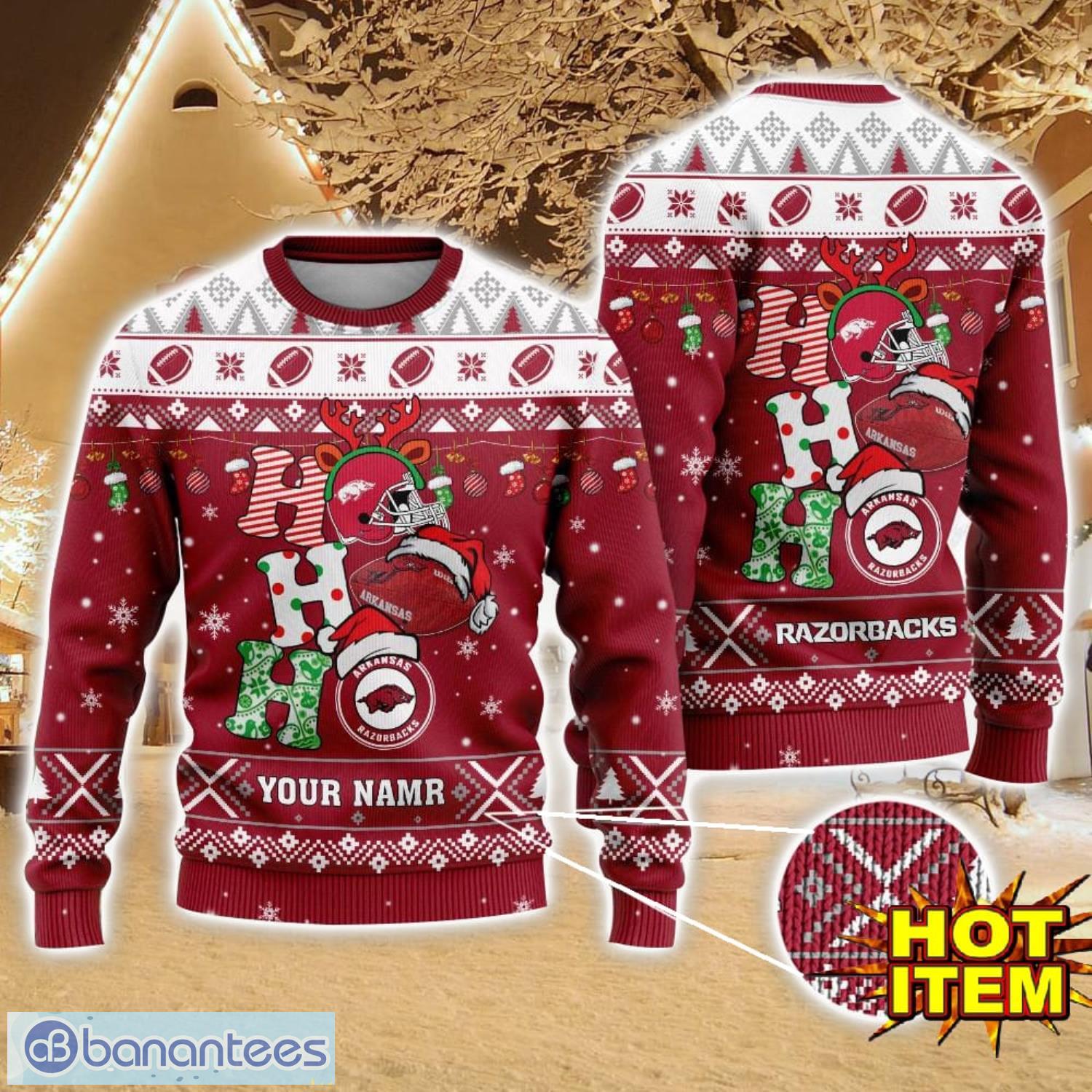 ncaa arkansas razorbacks ugly christmas sweater custom name 3d sweater for fans image NCAA Arkansas Razorbacks Ugly Christmas Sweater Custom Name 3D Sweater For Fans Product Photo 1