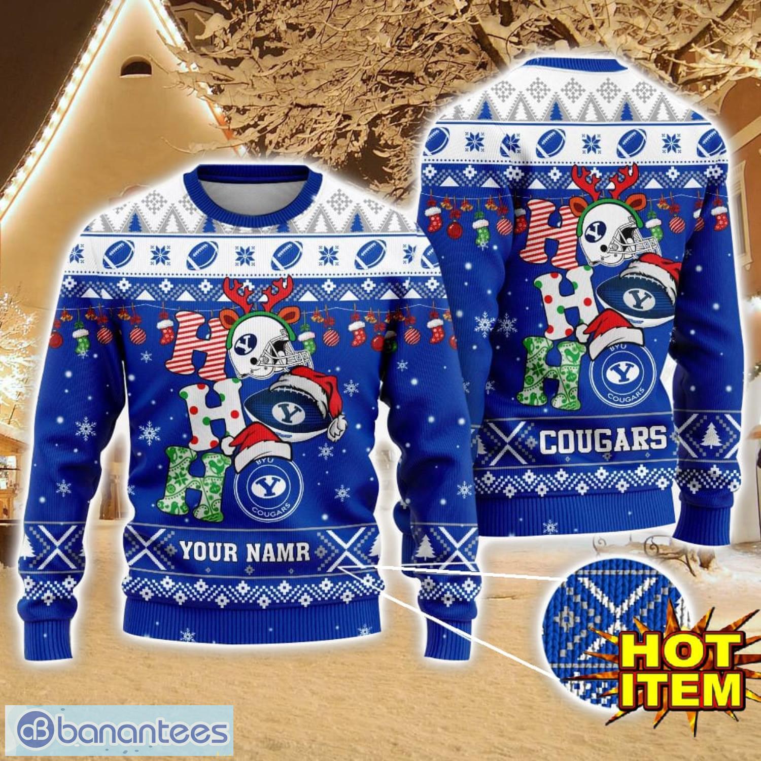 ncaa byu cougars ugly christmas sweater custom name 3d sweater for fans image NCAA BYU Cougars Ugly Christmas Sweater Custom Name 3D Sweater For Fans Product Photo 1