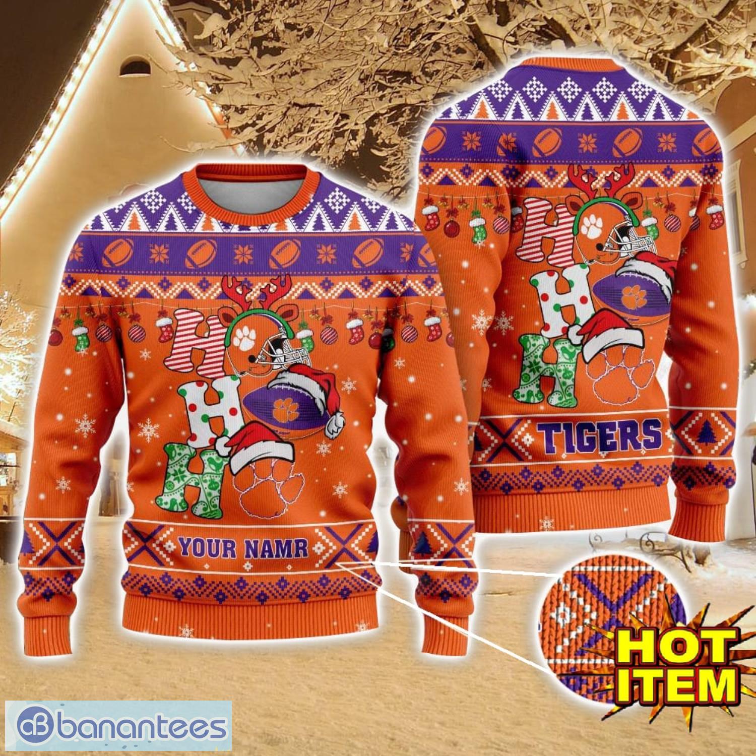 ncaa clemson tigers ugly christmas sweater custom name 3d sweater for fans image NCAA Clemson Tigers Ugly Christmas Sweater Custom Name 3D Sweater For Fans Product Photo 1