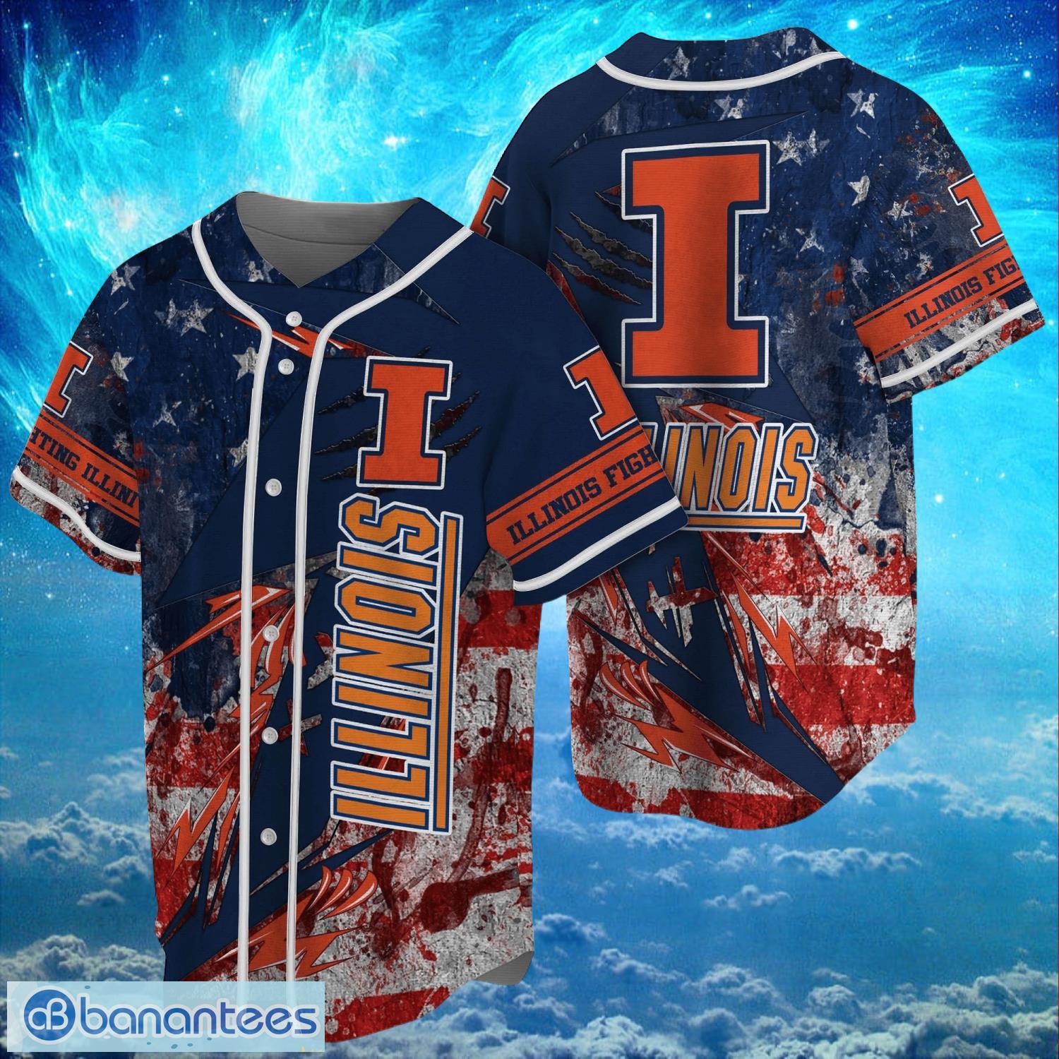 ncaa illinois fighting illini logo design baseball jersay shirt full print image NCAA Illinois Fighting Illini Logo Design Baseball Jersay Shirt Full Print Product Photo 1