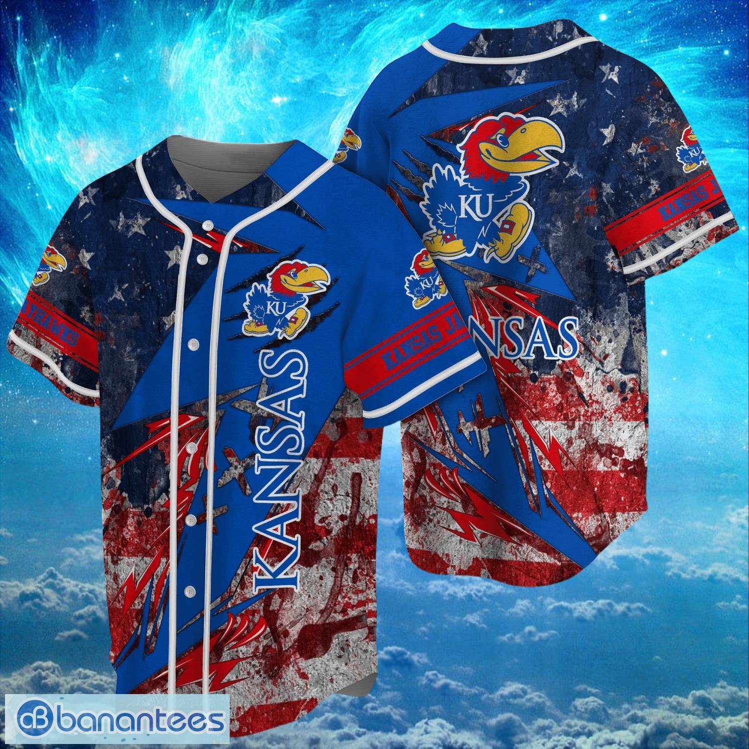 ncaa kansas jayhawks logo design baseball jersay shirt full print image NCAA Kansas Jayhawks Logo Design Baseball Jersay Shirt Full Print Product Photo 1
