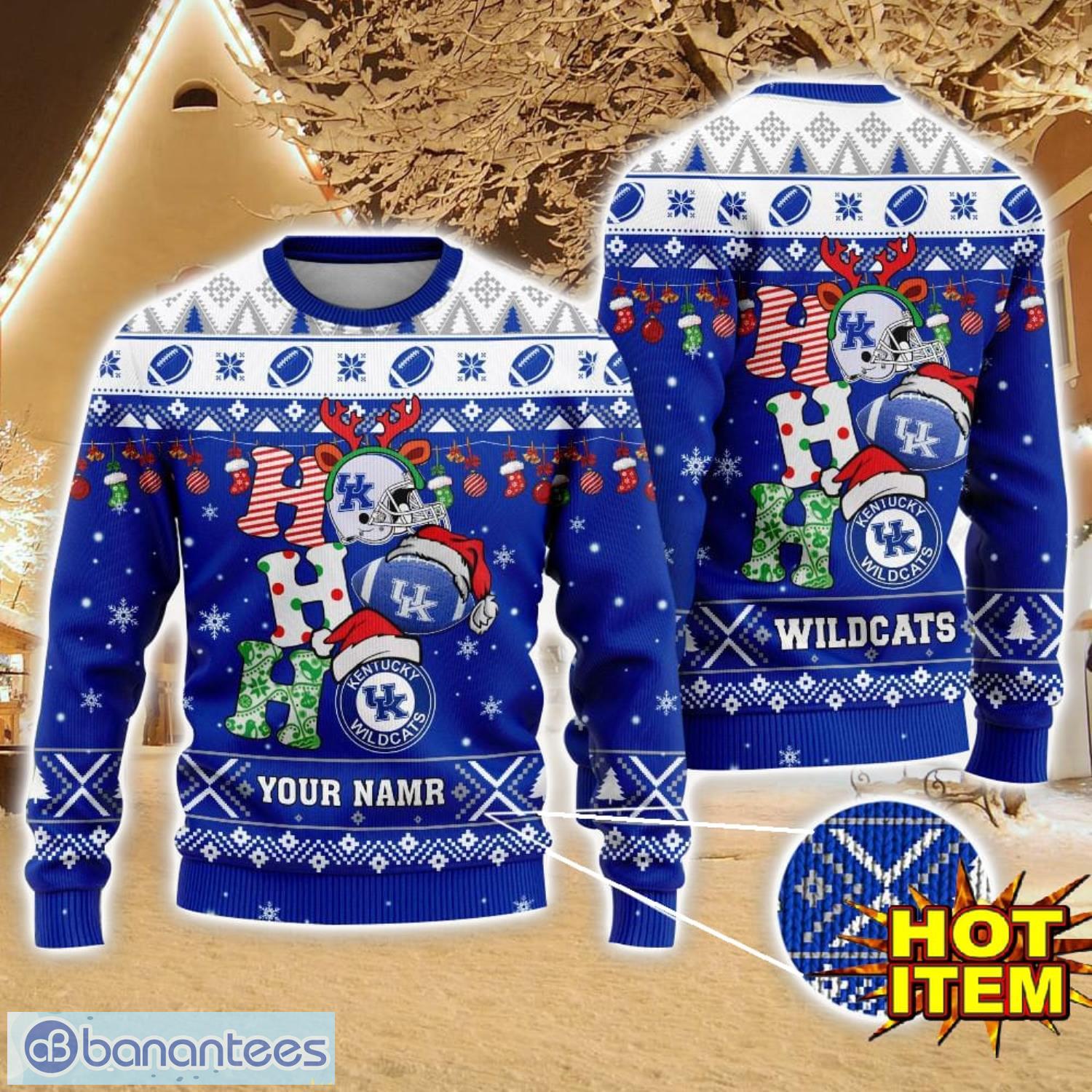 ncaa kentucky wildcats ugly christmas sweater custom name 3d sweater for fans image NCAA Kentucky Wildcats Ugly Christmas Sweater Custom Name 3D Sweater For Fans Product Photo 1