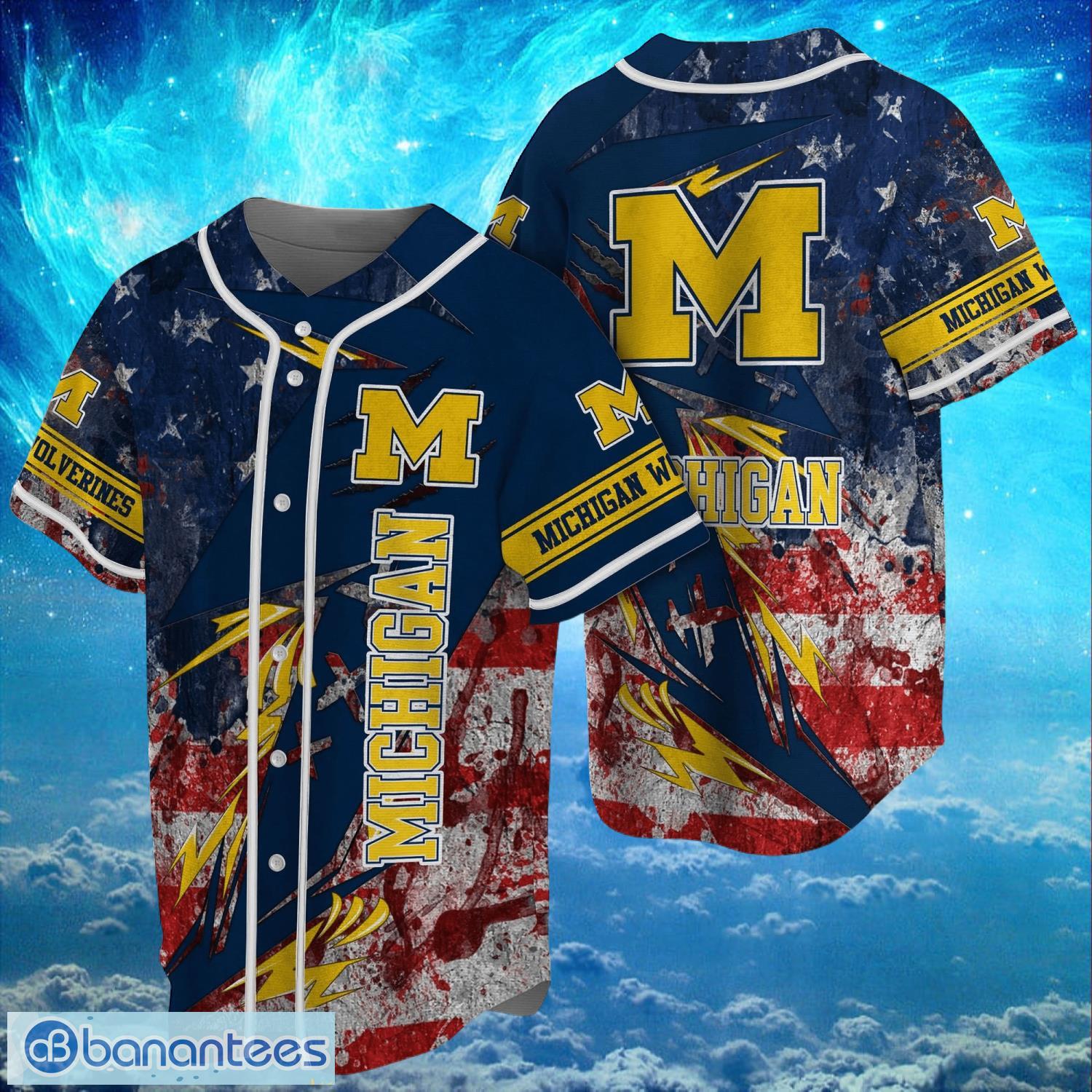 ncaa michigan wolverines logo design baseball jersay shirt full print image NCAA Michigan Wolverines Logo Design Baseball Jersay Shirt Full Print Product Photo 1