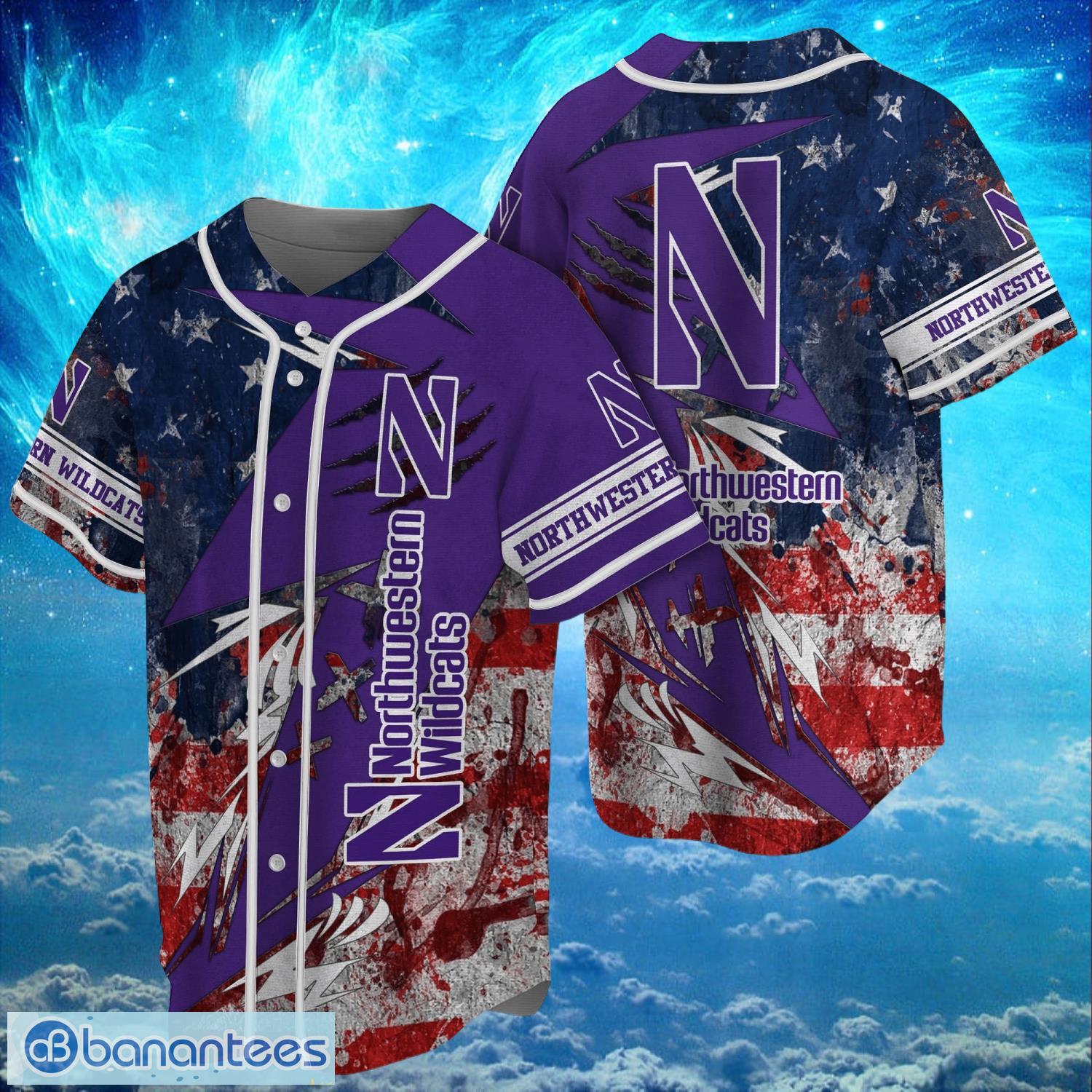 ncaa northwestern wildcats logo design baseball jersay shirt full print image NCAA Northwestern Wildcats Logo Design Baseball Jersay Shirt Full Print Product Photo 1