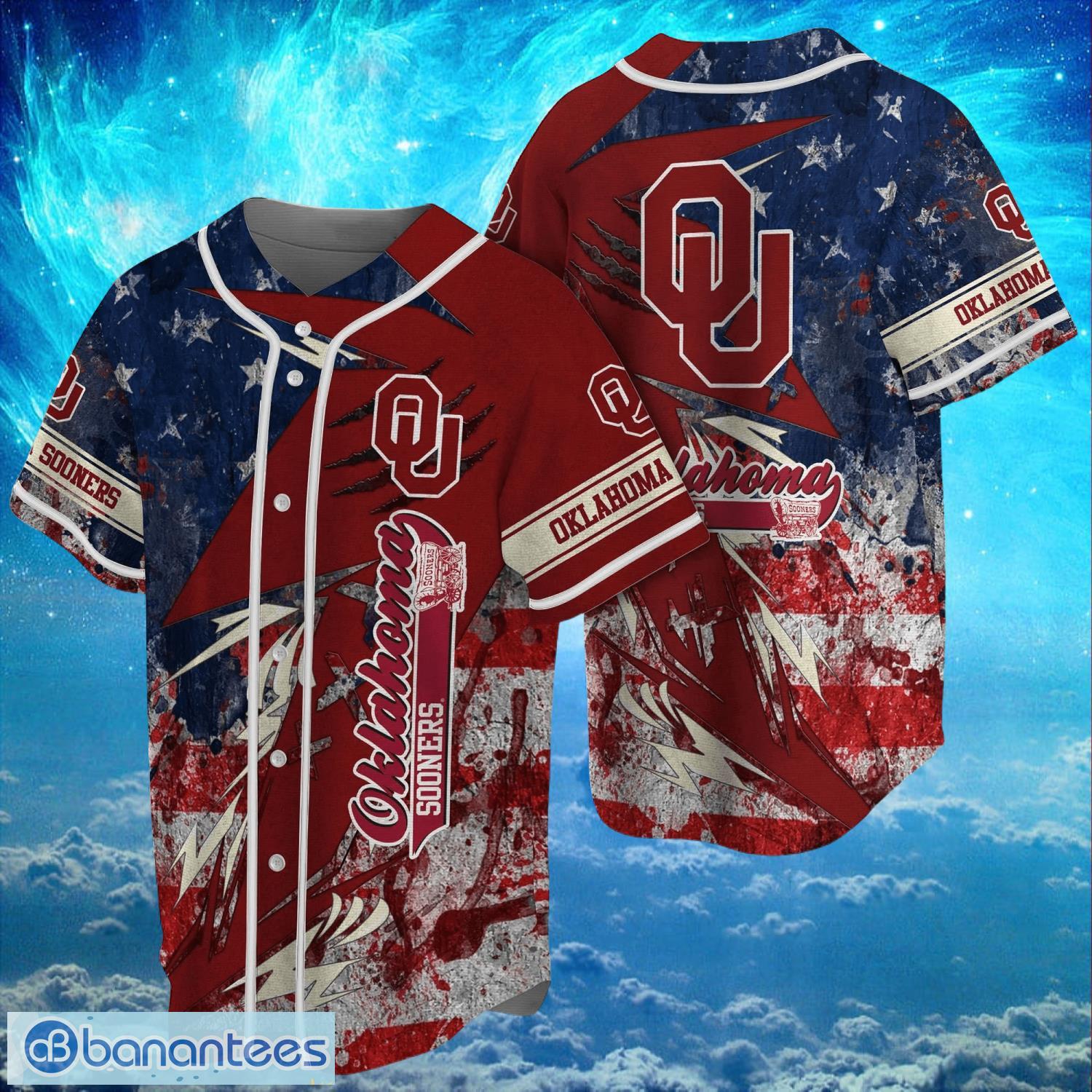 ncaa oklahoma sooners logo design baseball jersay shirt full print image NCAA Oklahoma Sooners Logo Design Baseball Jersay Shirt Full Print Product Photo 1