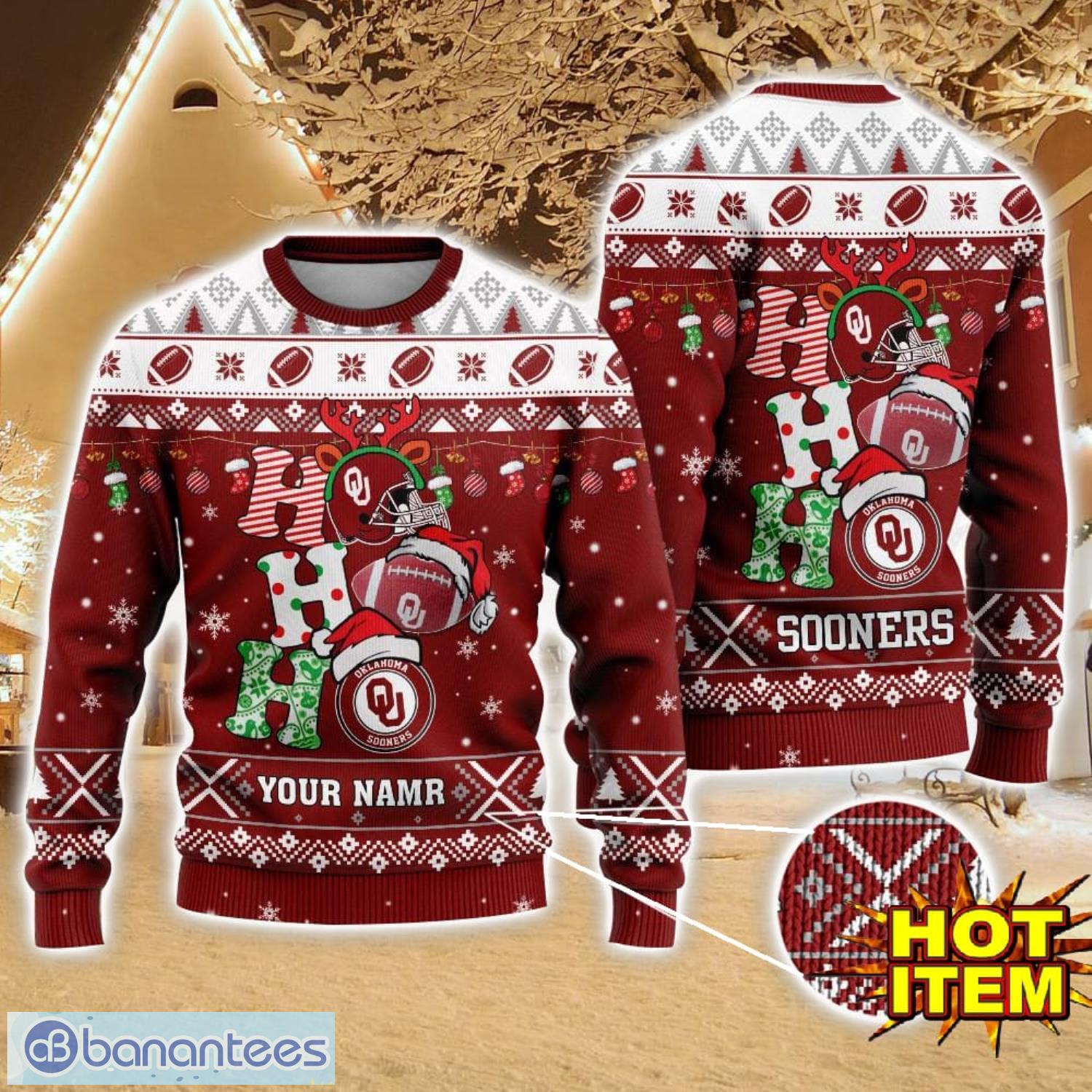ncaa oklahoma sooners ugly christmas sweater custom name 3d sweater for fans image NCAA Oklahoma Sooners Ugly Christmas Sweater Custom Name 3D Sweater For Fans Product Photo 1
