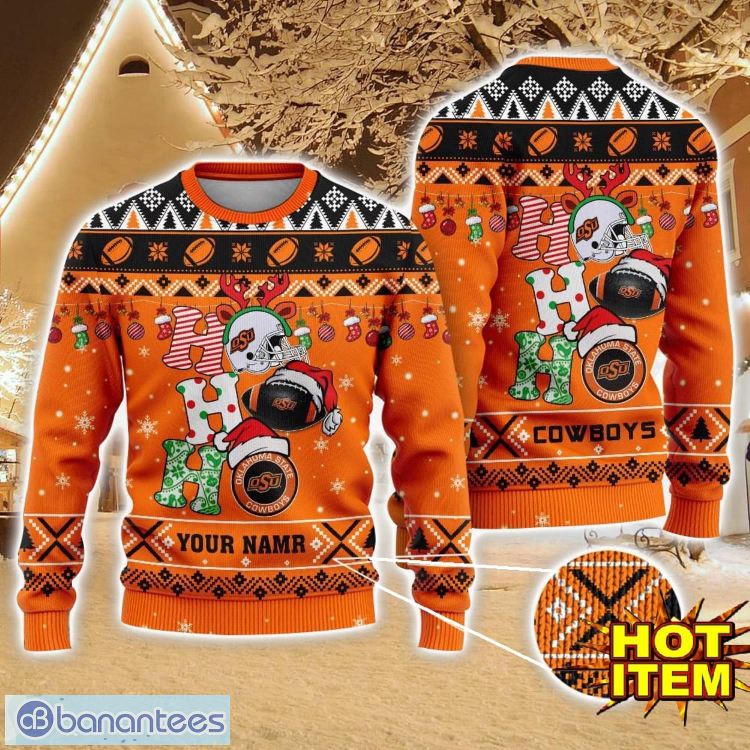 ncaa oklahoma state cowboys ugly christmas sweater custom name 3d sweater for fans image NCAA Oklahoma State Cowboys Ugly Christmas Sweater Custom Name 3D Sweater For Fans Product Photo 1