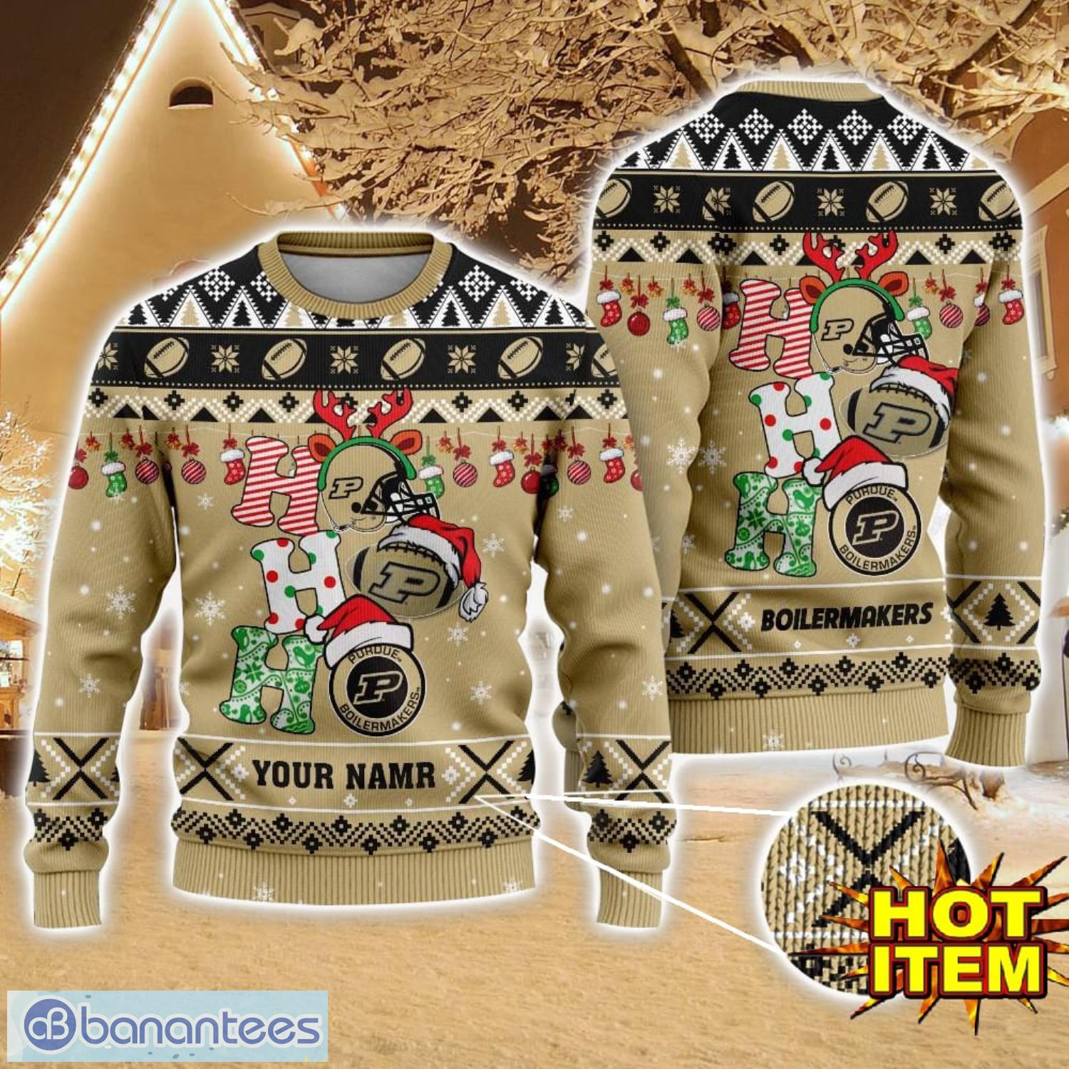 ncaa purdue boilermakers ugly christmas sweater custom name 3d sweater for fans image NCAA Purdue Boilermakers Ugly Christmas Sweater Custom Name 3D Sweater For Fans Product Photo 1