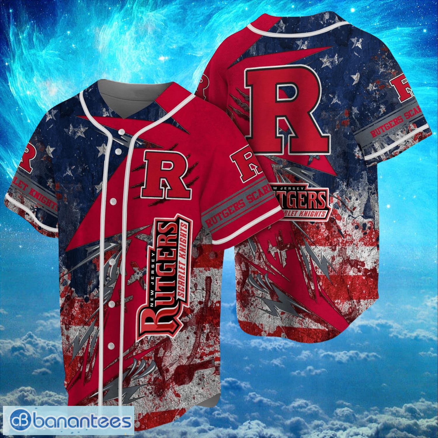 ncaa rutgers scarlet knights logo design baseball jersay shirt full print image NCAA Rutgers Scarlet Knights Logo Design Baseball Jersay Shirt Full Print Product Photo 1