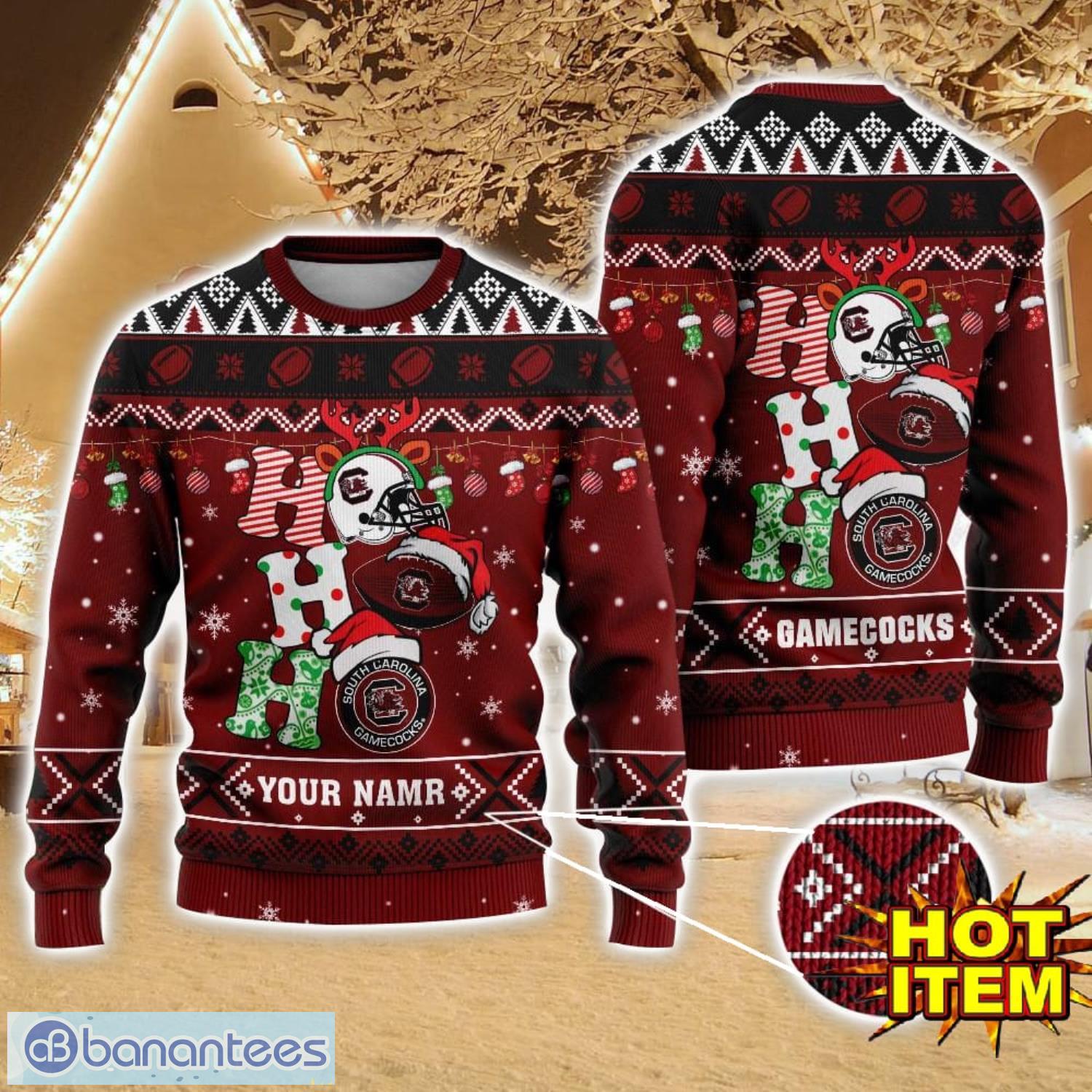 ncaa south carolina gamecocks ugly christmas sweater custom name 3d sweater for fans image NCAA South Carolina Gamecocks Ugly Christmas Sweater Custom Name 3D Sweater For Fans Product Photo 1