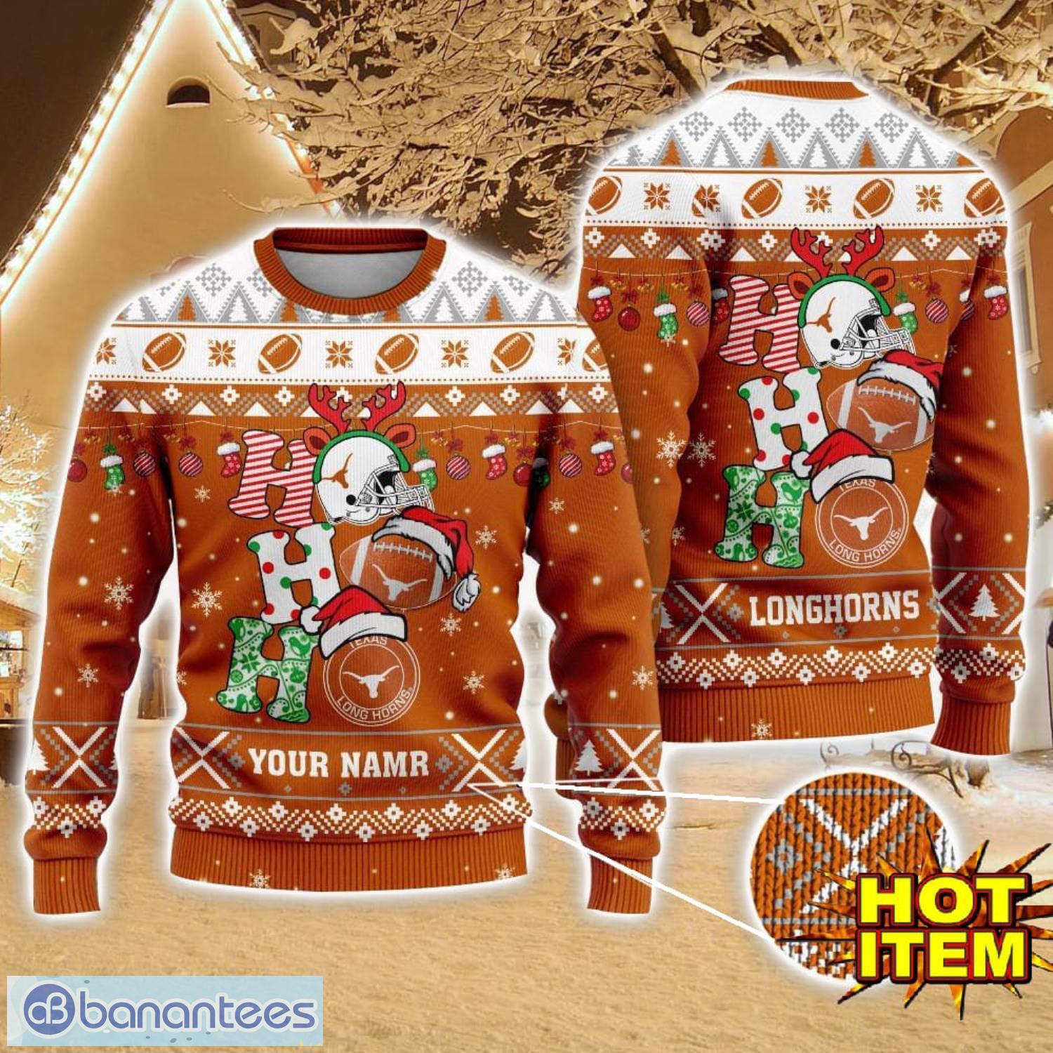 ncaa texas longhorns ugly christmas sweater custom name 3d sweater for fans image NCAA Texas Longhorns Ugly Christmas Sweater Custom Name 3D Sweater For Fans Product Photo 1