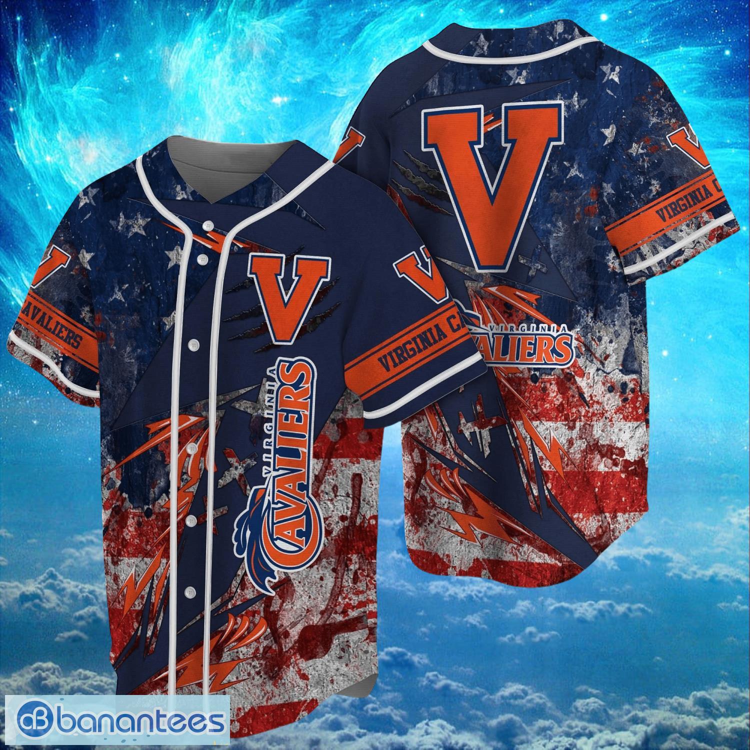 ncaa virginia cavaliers logo design baseball jersay shirt full print image NCAA Virginia Cavaliers Logo Design Baseball Jersay Shirt Full Print Product Photo 1