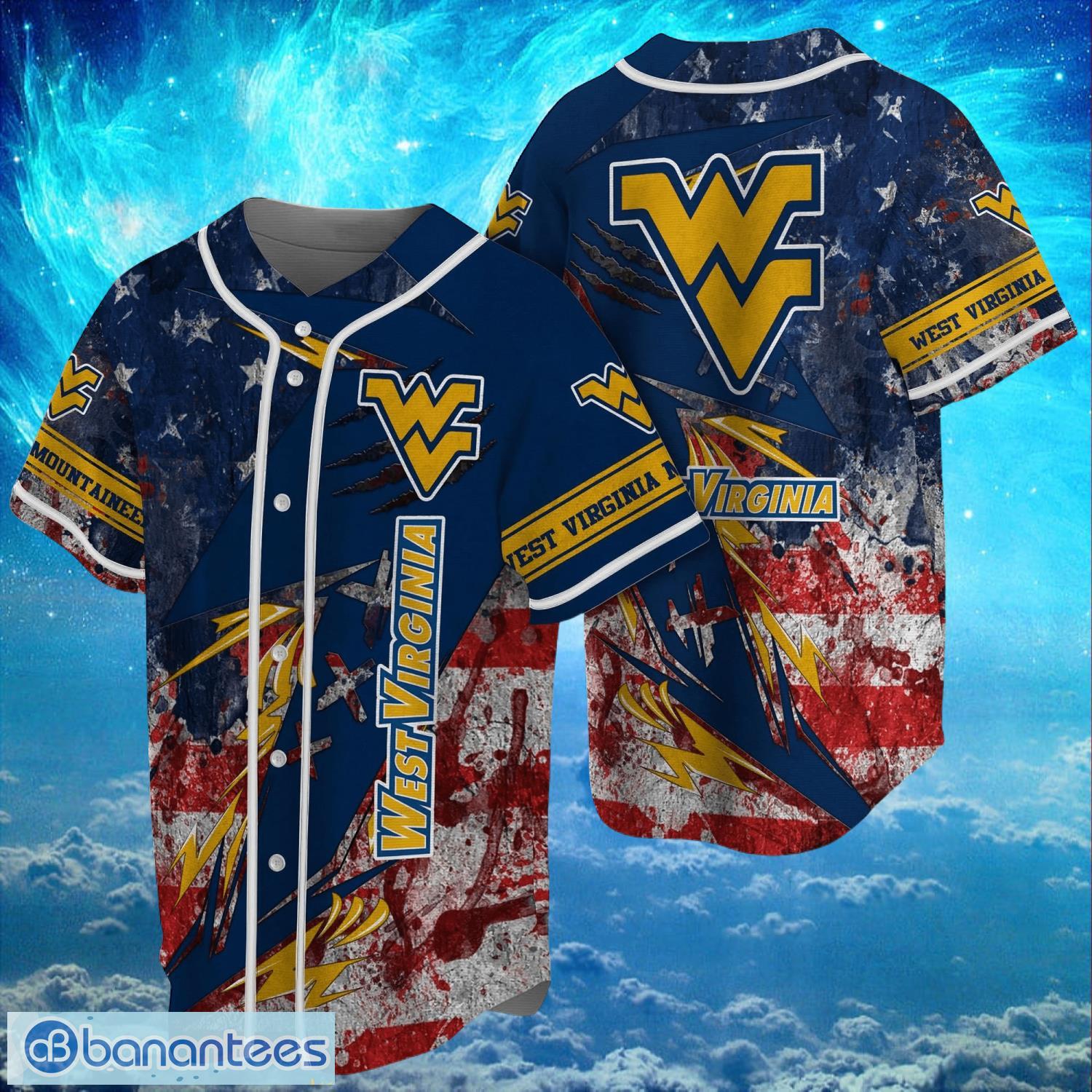 ncaa west virginia mountaineers logo design baseball jersay shirt full print image NCAA West Virginia Mountaineers Logo Design Baseball Jersay Shirt Full Print Product Photo 1