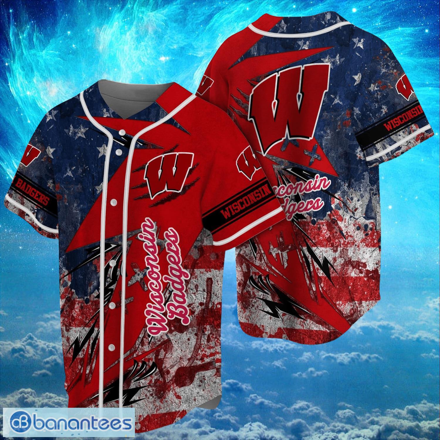 ncaa wisconsin badgers logo design baseball jersay shirt full print image NCAA Wisconsin Badgers Logo Design Baseball Jersay Shirt Full Print Product Photo 1