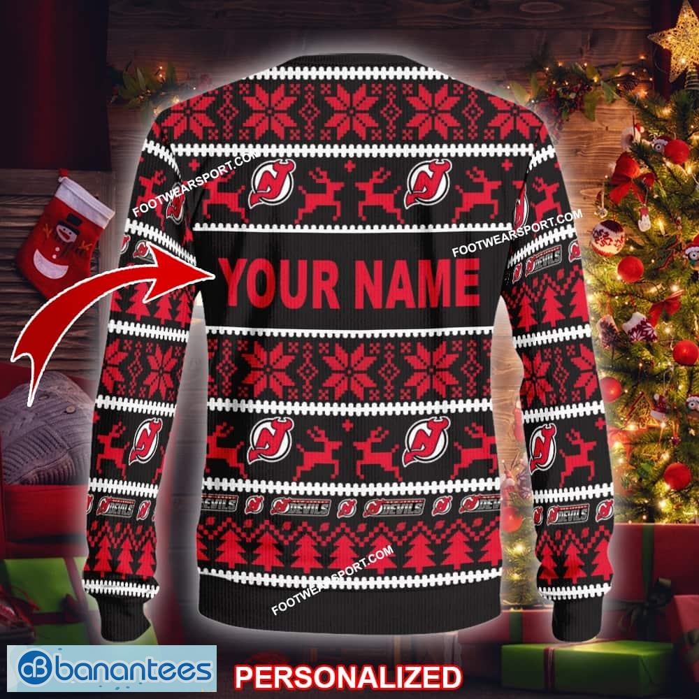 new snow new jersey devils knitted xmas sweater aop gift holidays custom name 1 image NEW Snow New Jersey Devils Knitted Xmas Sweater AOP Gift Holidays Custom Name - NHL New Jersey Devils Ugly Christmas Sweater For Men And Women Photo 2