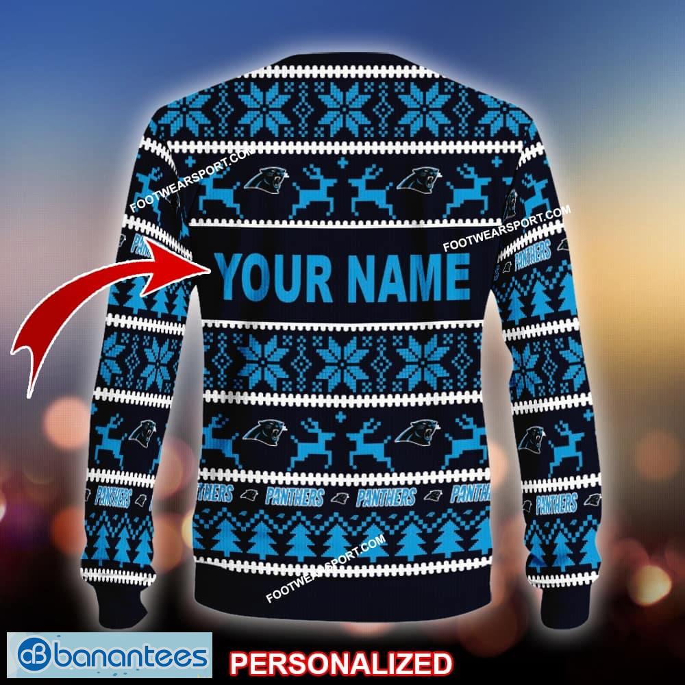 new snowy carolina panthers knitted xmas sweater gift for men and women custom name 1 image NEW Snowy Carolina Panthers Knitted Xmas Sweater Gift For Men And Women Custom Name - NFL Carolina Panthers Ugly Christmas Sweater For Men And Women Photo 2