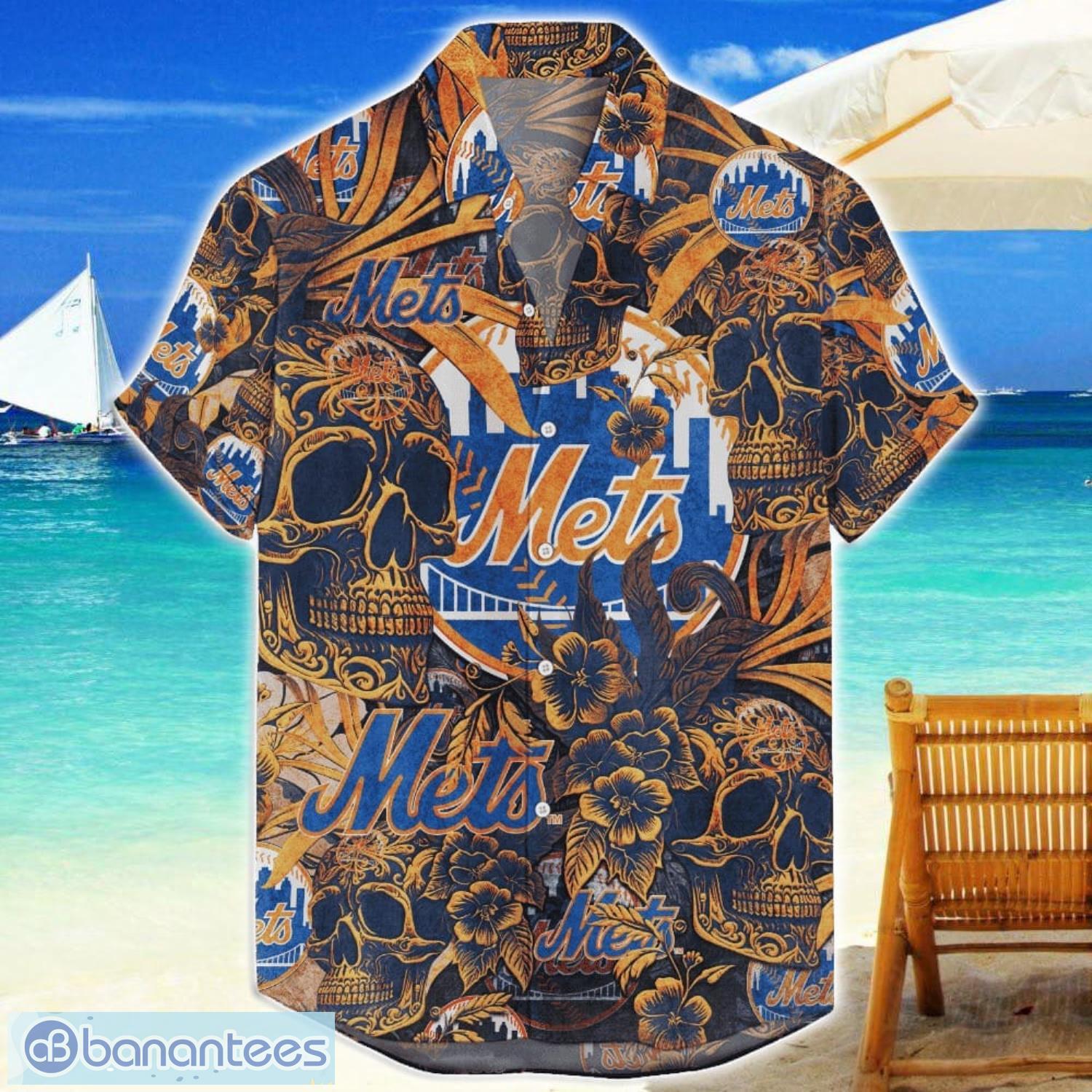 new york mets flower and skull hawaiian shirt mlb team halloween shirt image New York Mets Flower and Skull Hawaiian Shirt MLB Team Halloween Shirt Product Photo 1