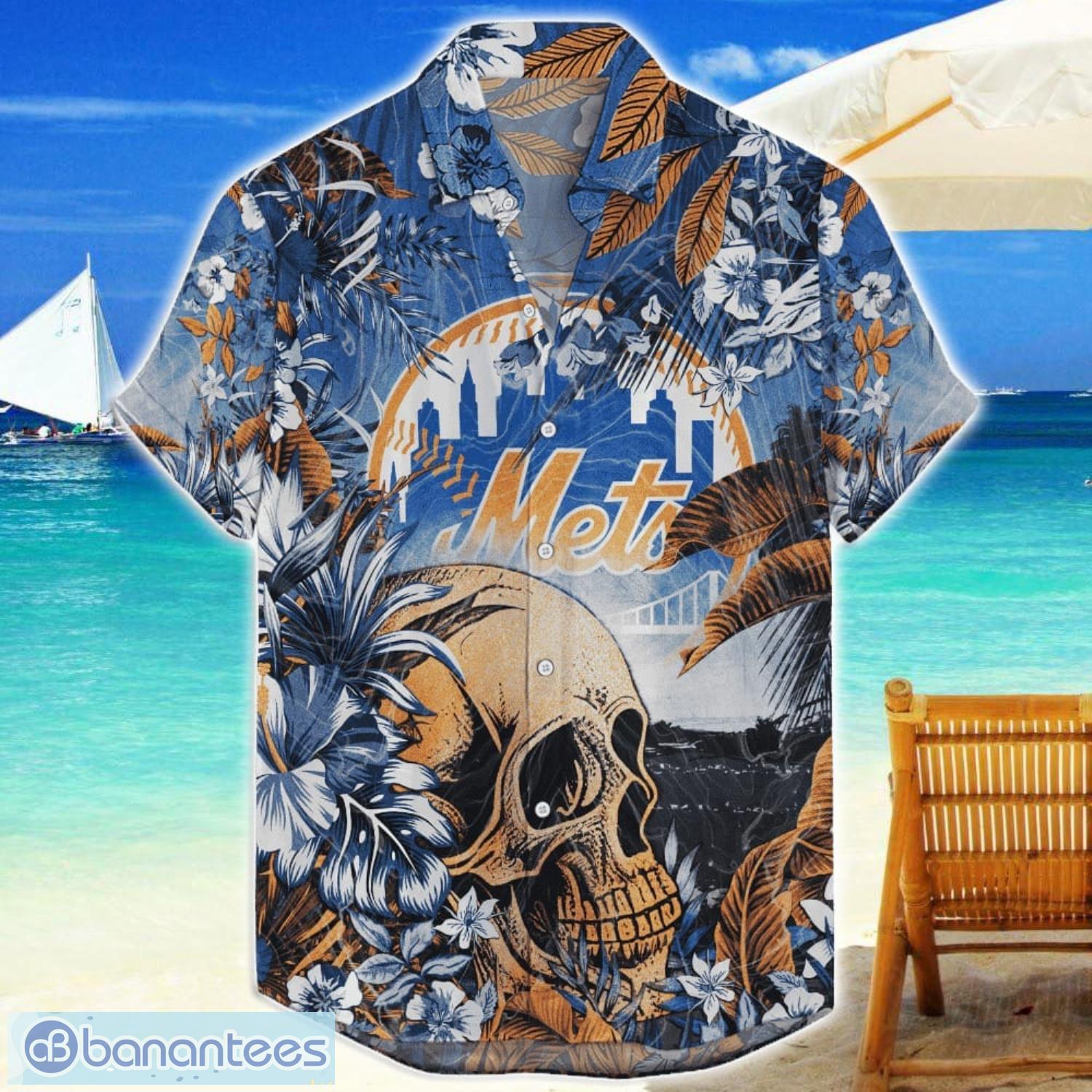 new york mets tropical skull halloween 3d hawaiian shirt for men women mlb fans image New York Mets Tropical Skull Halloween 3D Hawaiian Shirt For Men Women MLB Fans Product Photo 1