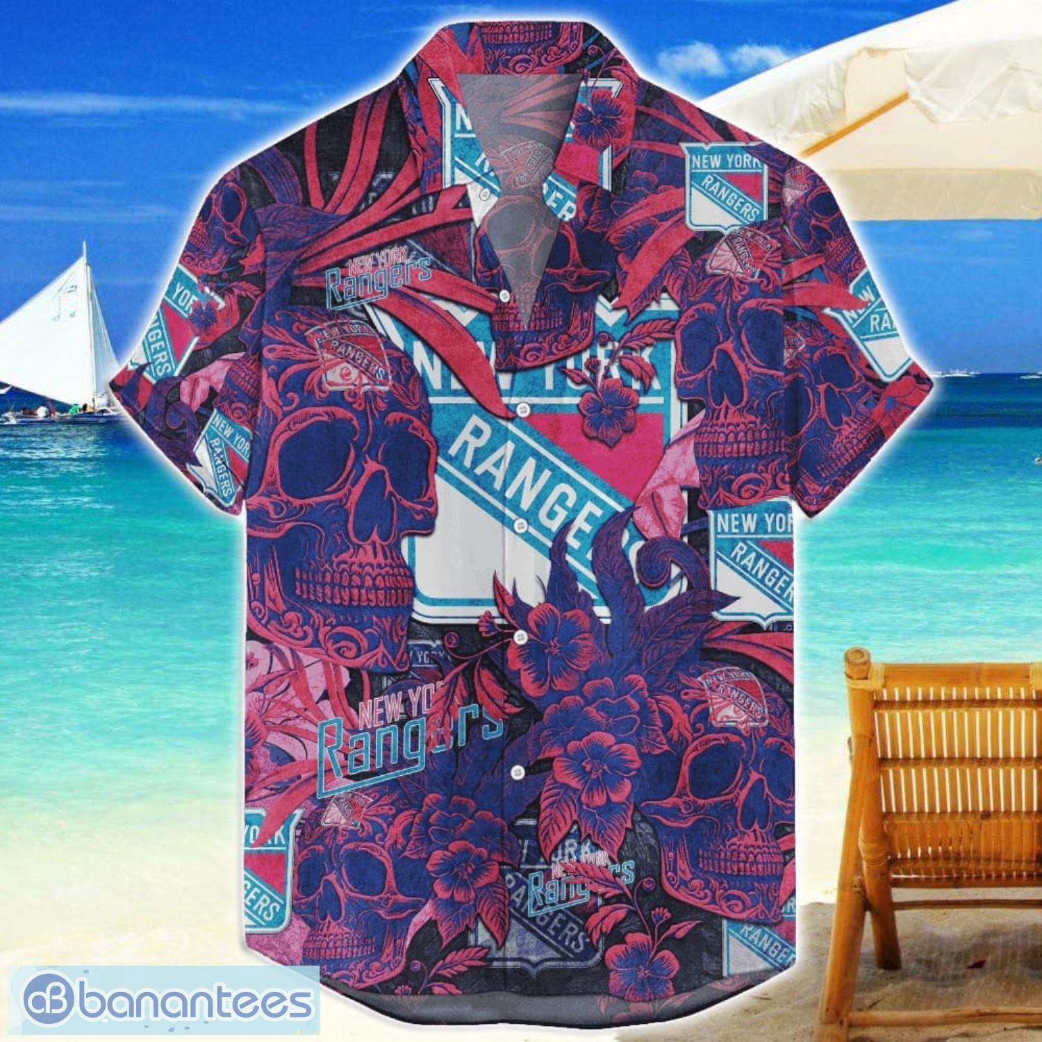 new york rangers flower and skull hawaiian shirt nhl team halloween shirt image New York Rangers Flower and Skull Hawaiian Shirt NHL Team Halloween Shirt Product Photo 1
