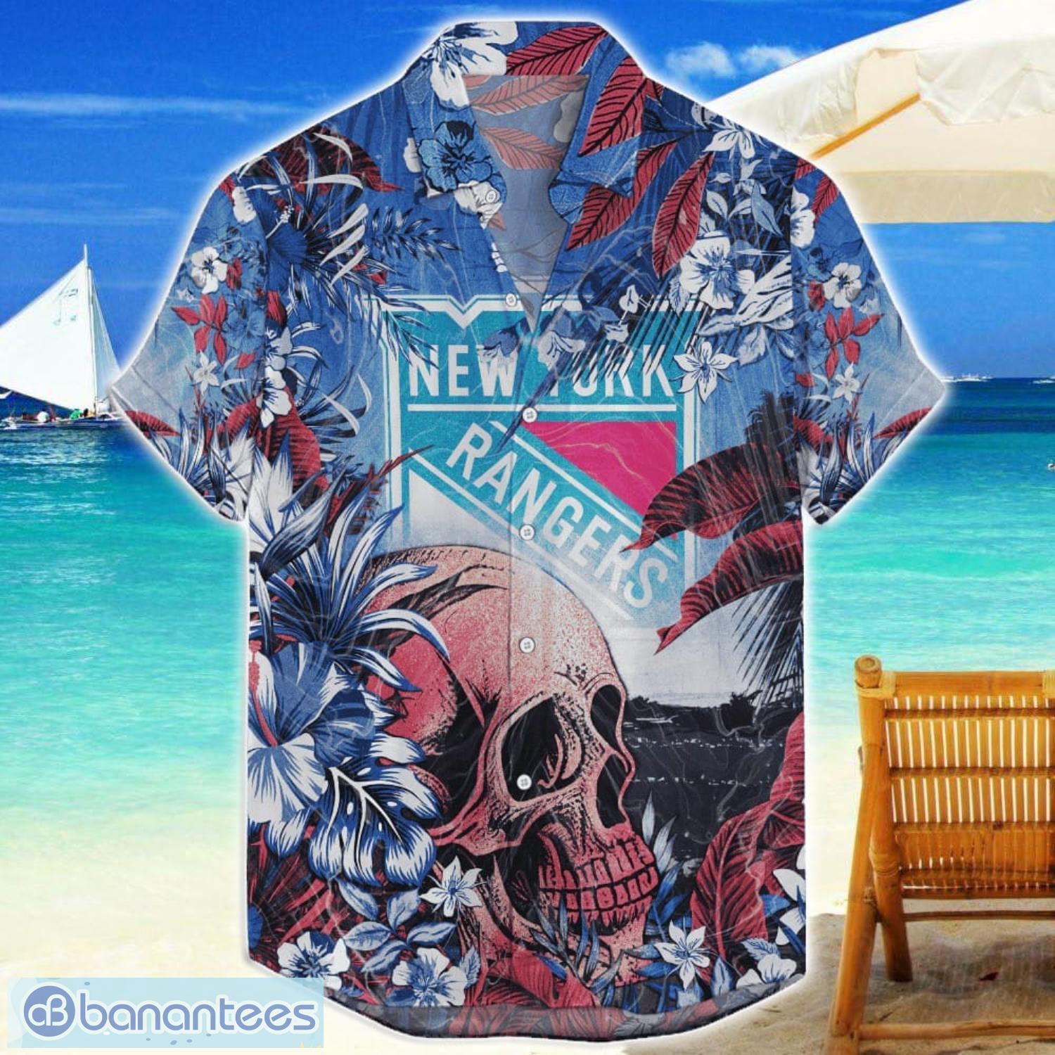 new york rangers tropical skull halloween 3d hawaiian shirt for men women nhl fans image New York Rangers Tropical Skull Halloween 3D Hawaiian Shirt For Men Women NHL Fans Product Photo 1