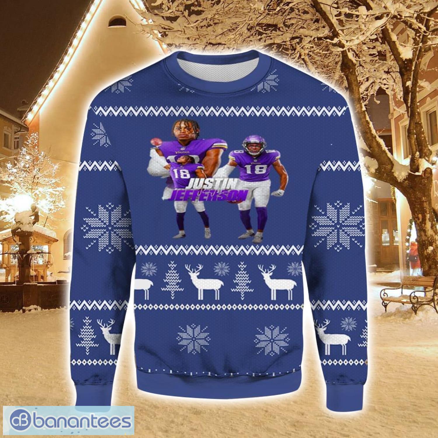nfl justin jefferson christmas gift ugly christmas sweater for men and women image NFL Justin Jefferson Christmas Gift Ugly Christmas Sweater For Men And Women Product Photo 1