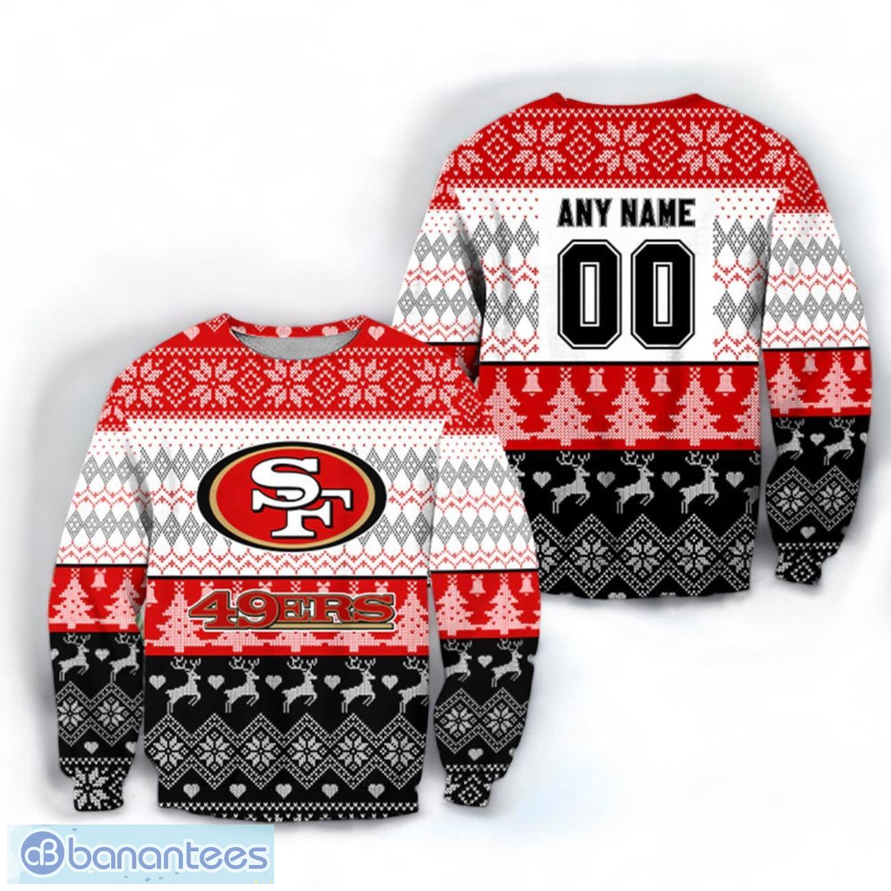 nfl san francisco 49ers personalized name number ugly sweater christmas gift for fans image NFL San Francisco 49Ers Personalized Name & Number Ugly Sweater Christmas Gift For Fans Product Photo 1