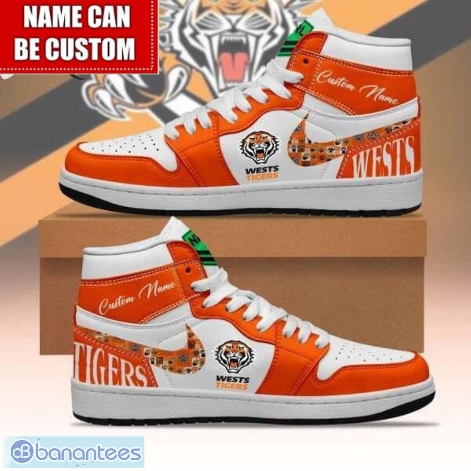 nrl wests tigers custom name limited air jordan hightop shoes jd1 sneakers image NRL Wests Tigers Custom Name Limited Air Jordan Hightop Shoes JD1 Sneakers Product Photo 1