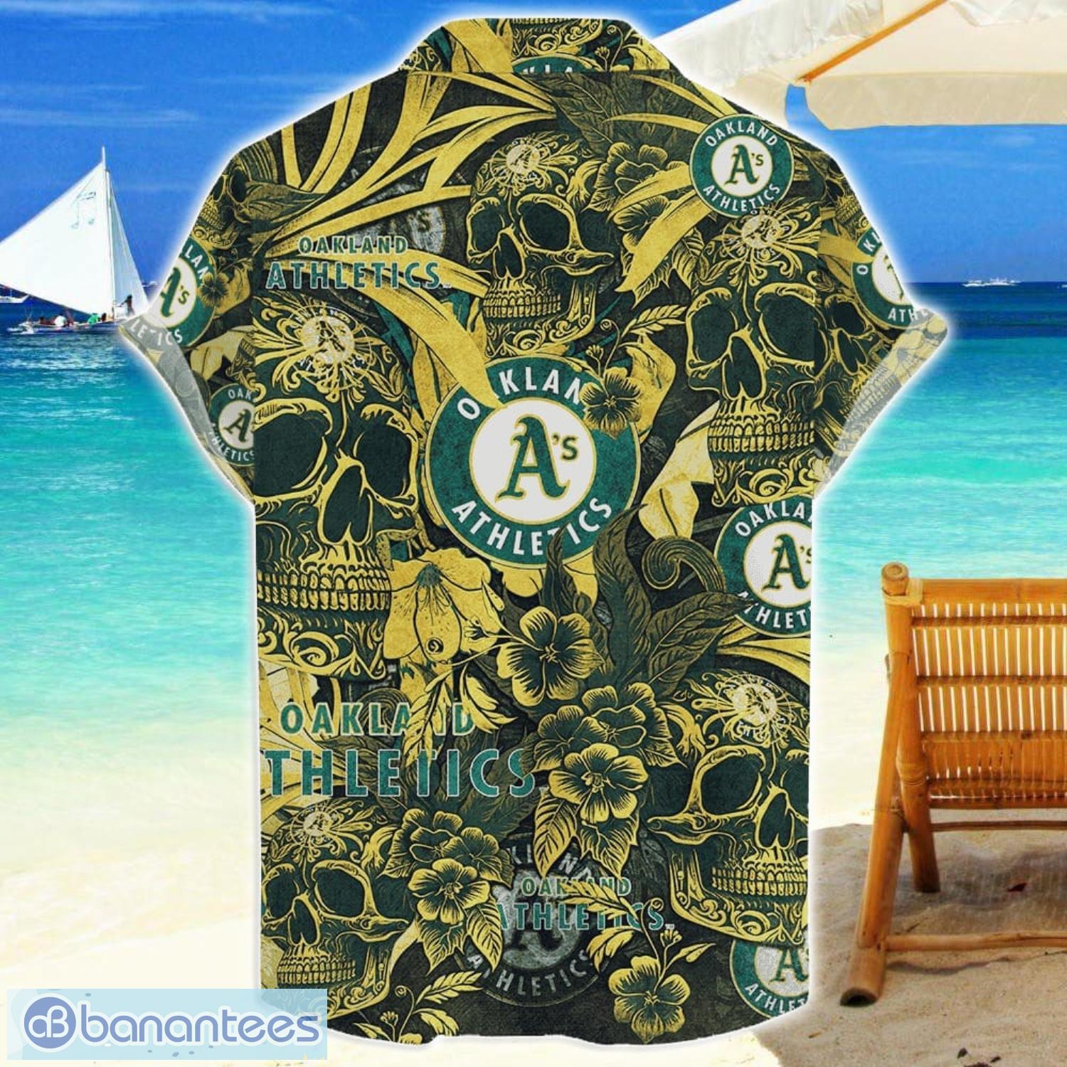oakland athletics flower and skull hawaiian shirt mlb team halloween shirt 1 image Oakland Athletics Flower and Skull Hawaiian Shirt MLB Team Halloween Shirt Product Photo 2