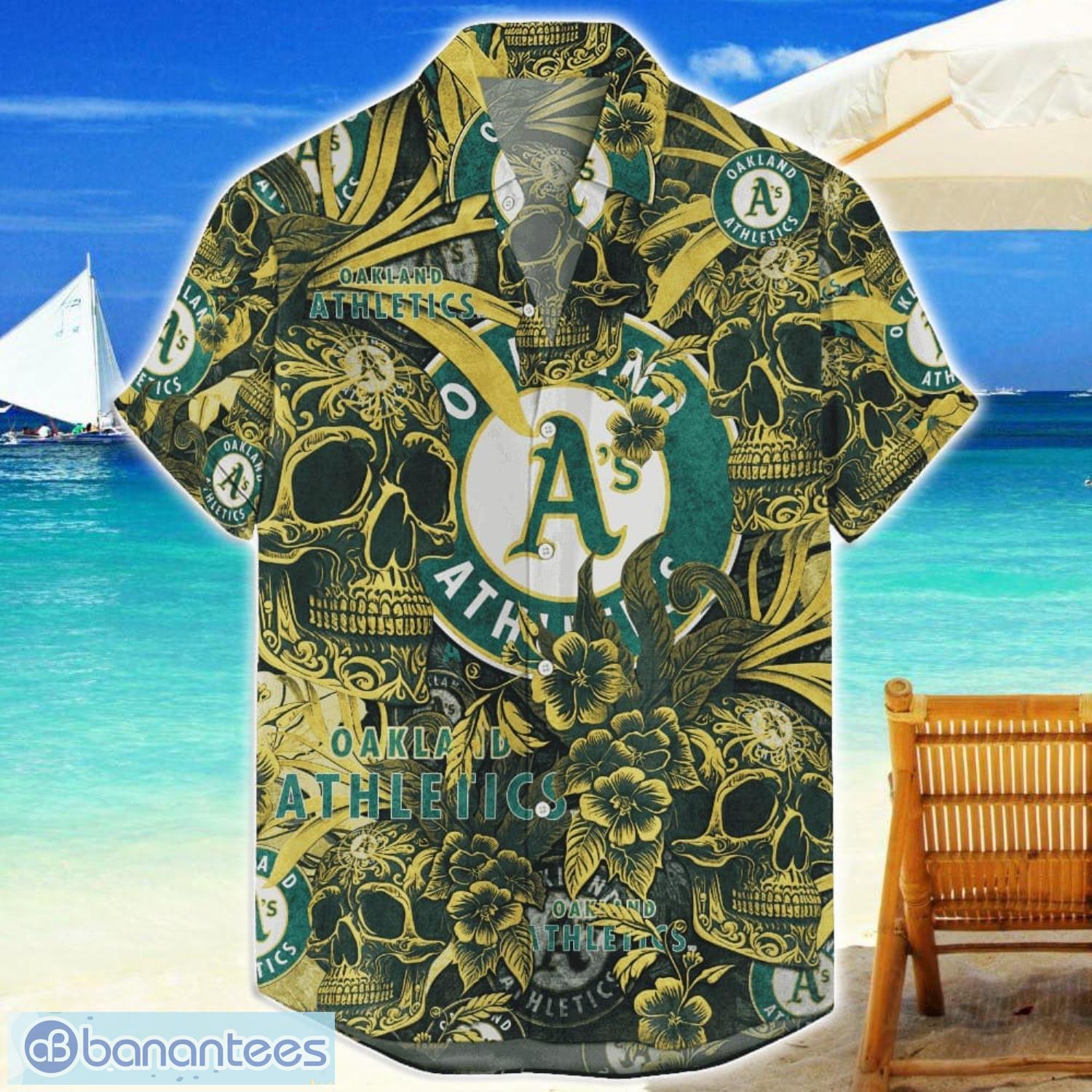 oakland athletics flower and skull hawaiian shirt mlb team halloween shirt image Oakland Athletics Flower and Skull Hawaiian Shirt MLB Team Halloween Shirt Product Photo 1