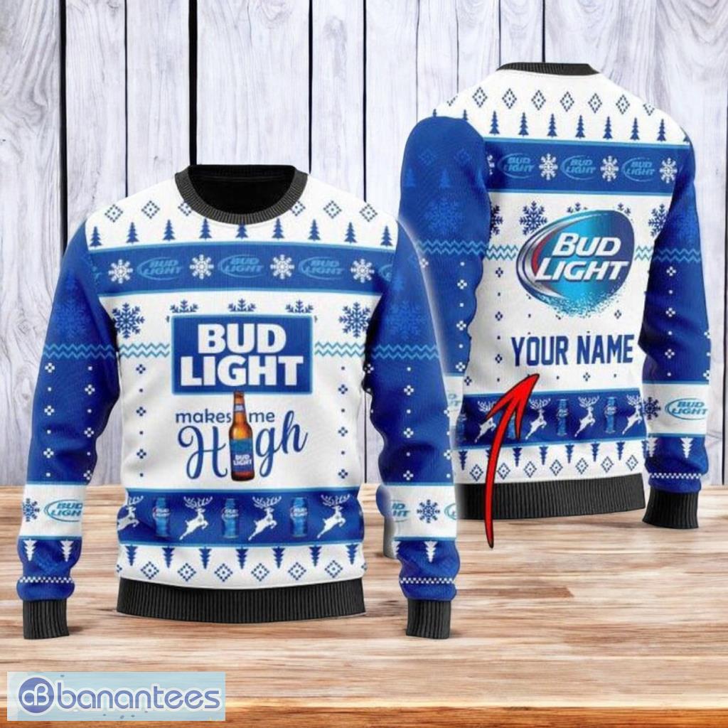 personalized bud light makes me high christmas ugly sweater 3d best gift chistmas image Personalized Bud Light Makes Me High Christmas Ugly Sweater 3D Best Gift Chistmas Product Photo 1
