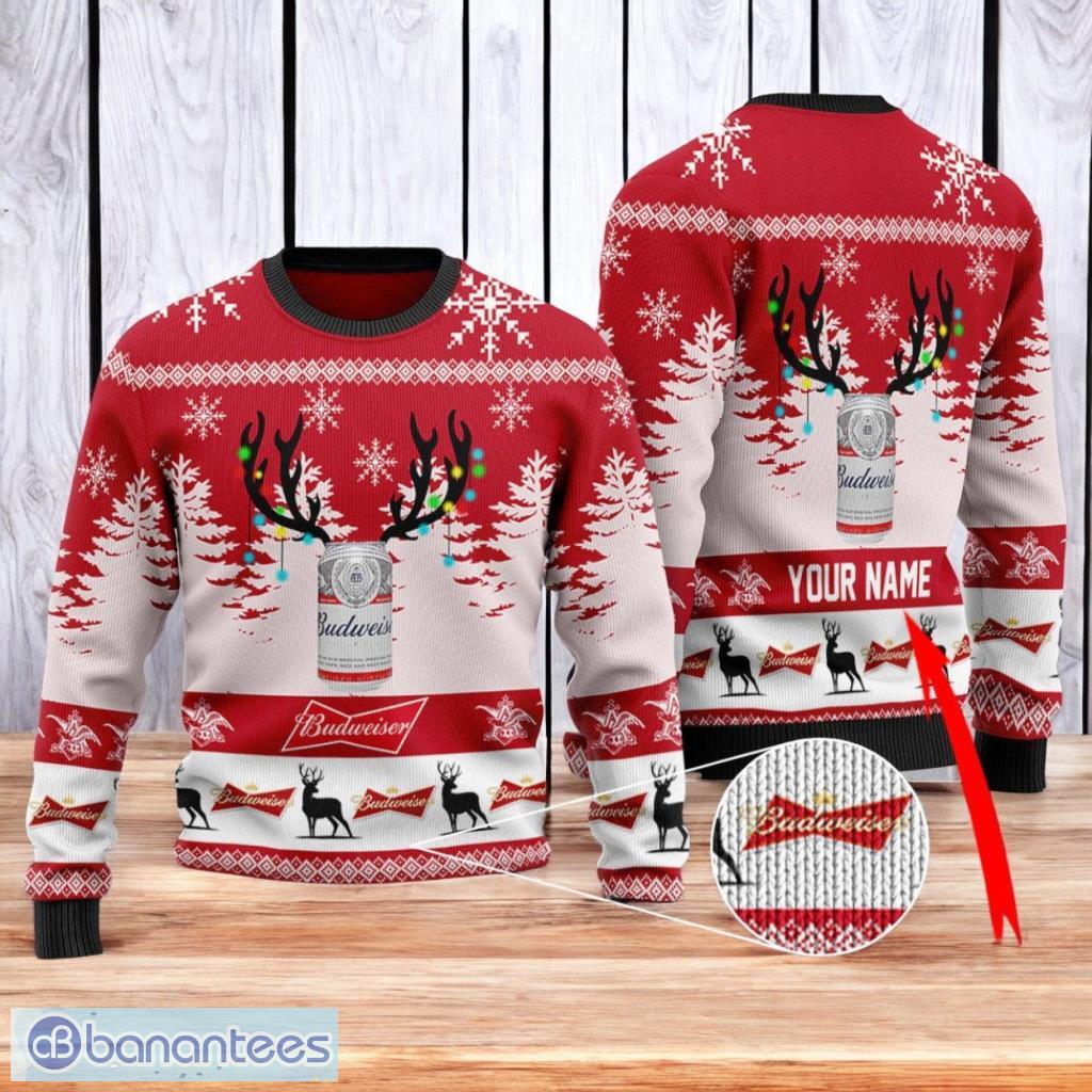personalized budweiser christmas reindeer horns ugly sweater 3d best gift chistmas image Personalized Budweiser Christmas Reindeer Horns Ugly Sweater 3D Best Gift Chistmas Product Photo 1