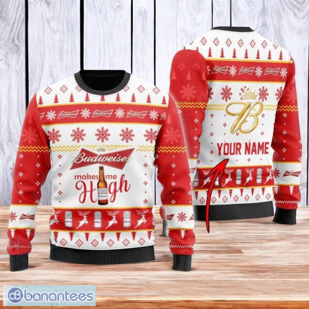 personalized budweiser makes me high christmas ugly sweater 3d best gift chistmas image Personalized Budweiser Makes Me High Christmas Ugly Sweater 3D Best Gift Chistmas Product Photo 1