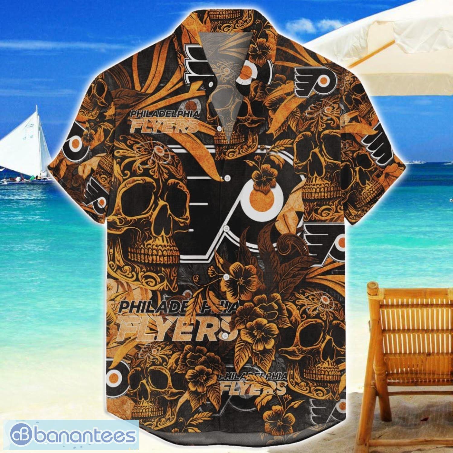 philadelphia flyers flower and skull hawaiian shirt nhl team halloween shirt image Philadelphia Flyers Flower and Skull Hawaiian Shirt NHL Team Halloween Shirt Product Photo 1