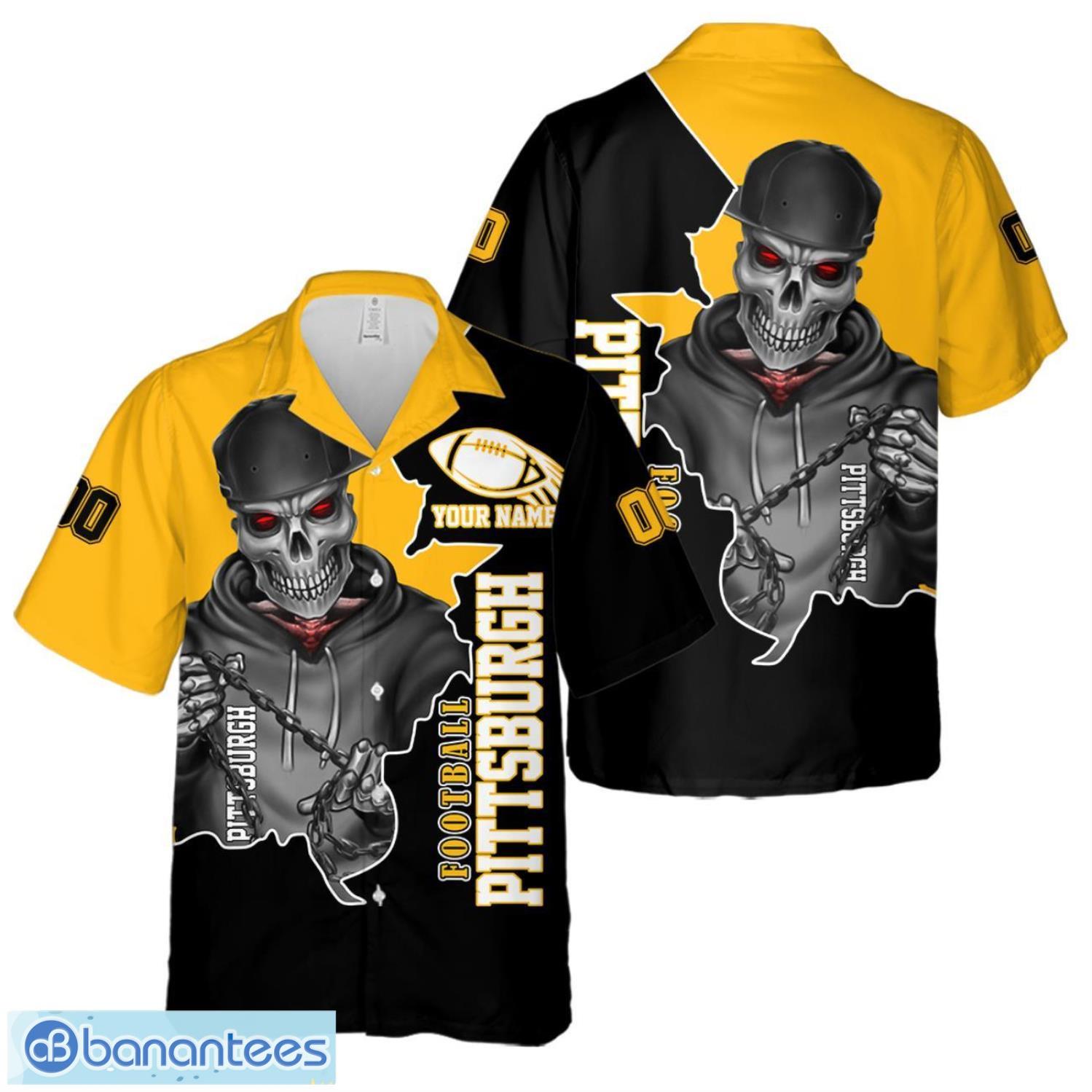 pittsburgh football team hawaiian shirt and shorts personalized name and number for fans image Pittsburgh Football Team Hawaiian Shirt And Shorts Personalized Name And Number For Fans Product Photo 1