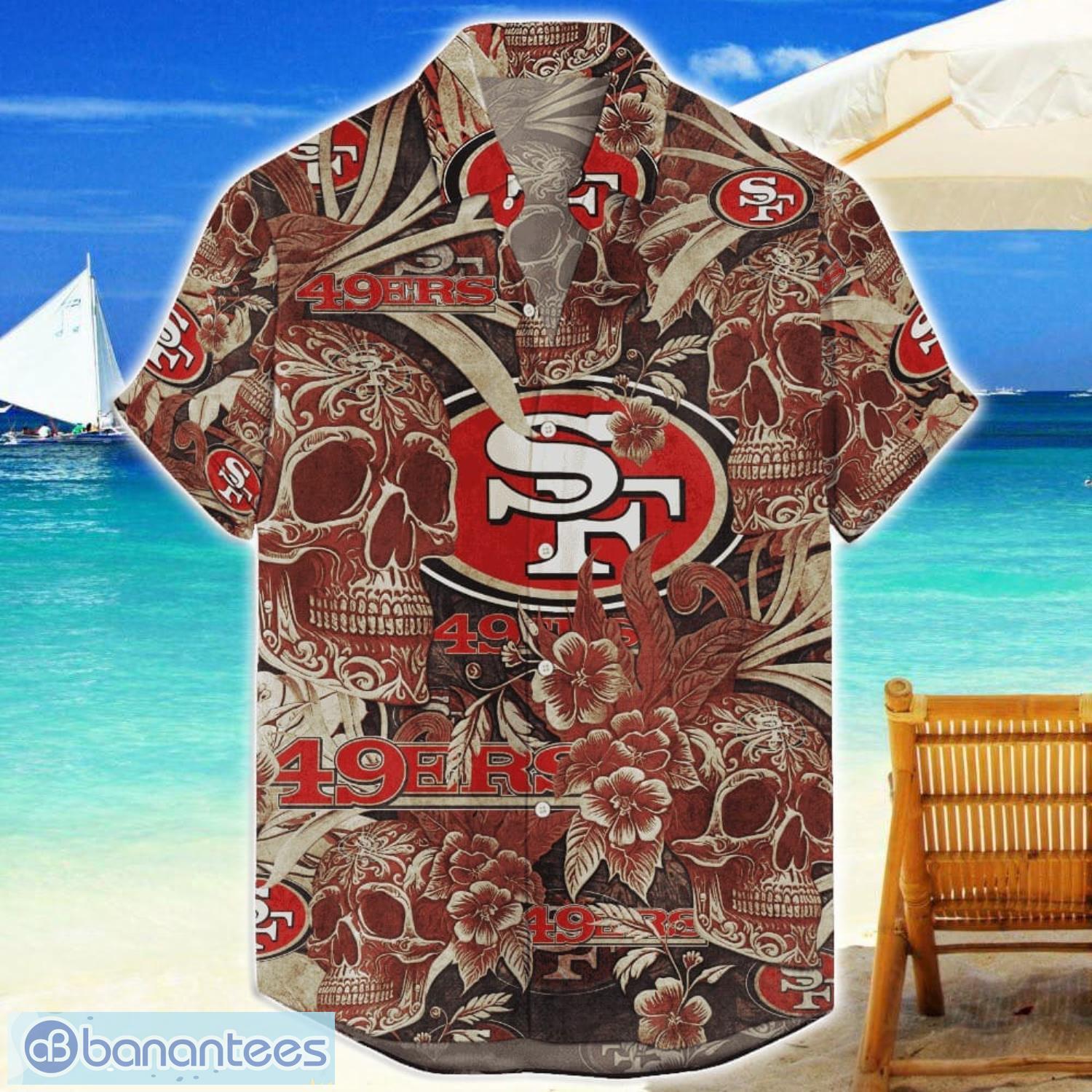 san francisco 49ers flower and skull hawaiian shirt nfl team halloween shirt image San Francisco 49ers Flower and Skull Hawaiian Shirt NFL Team Halloween Shirt Product Photo 1