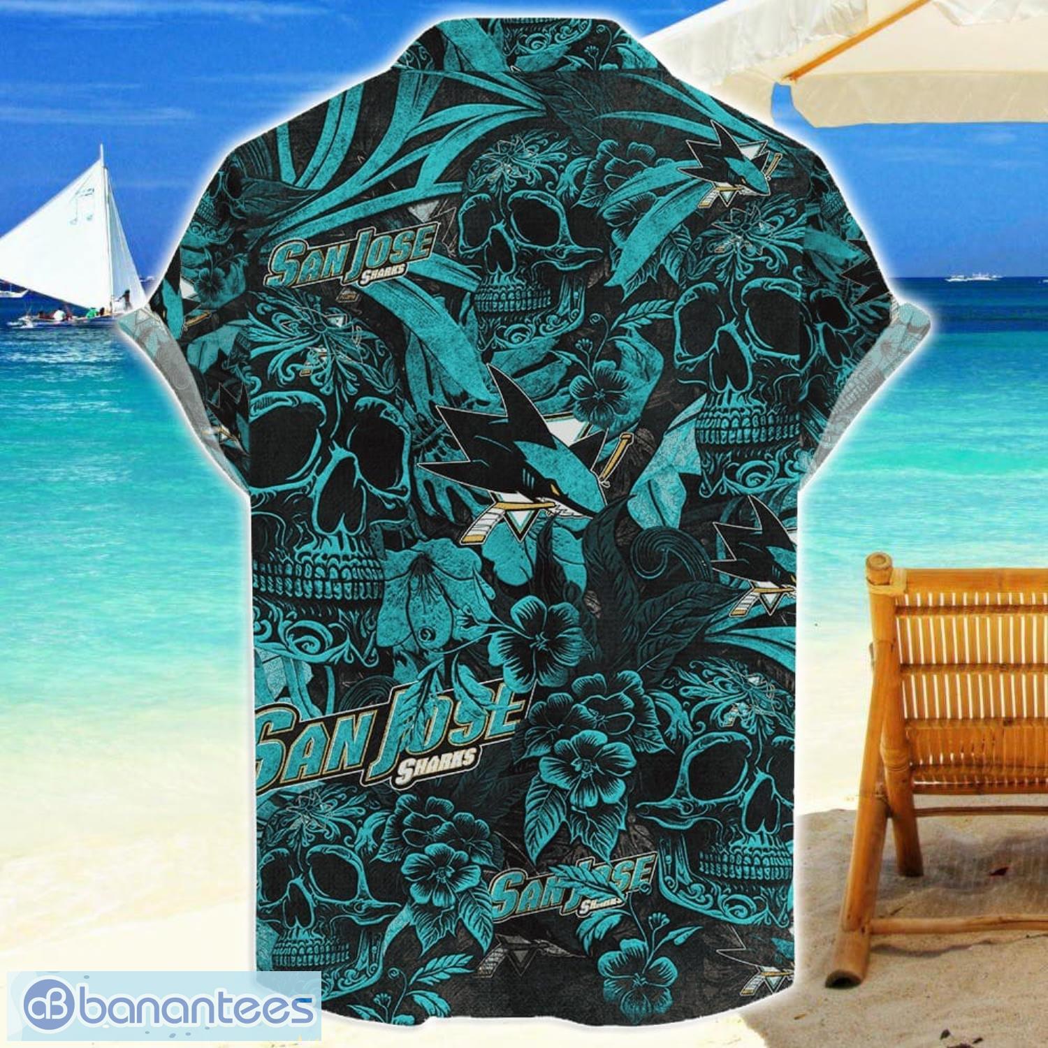 san jose sharks flower and skull hawaiian shirt nhl team halloween shirt 1 image San Jose Sharks Flower and Skull Hawaiian Shirt NHL Team Halloween Shirt Product Photo 2