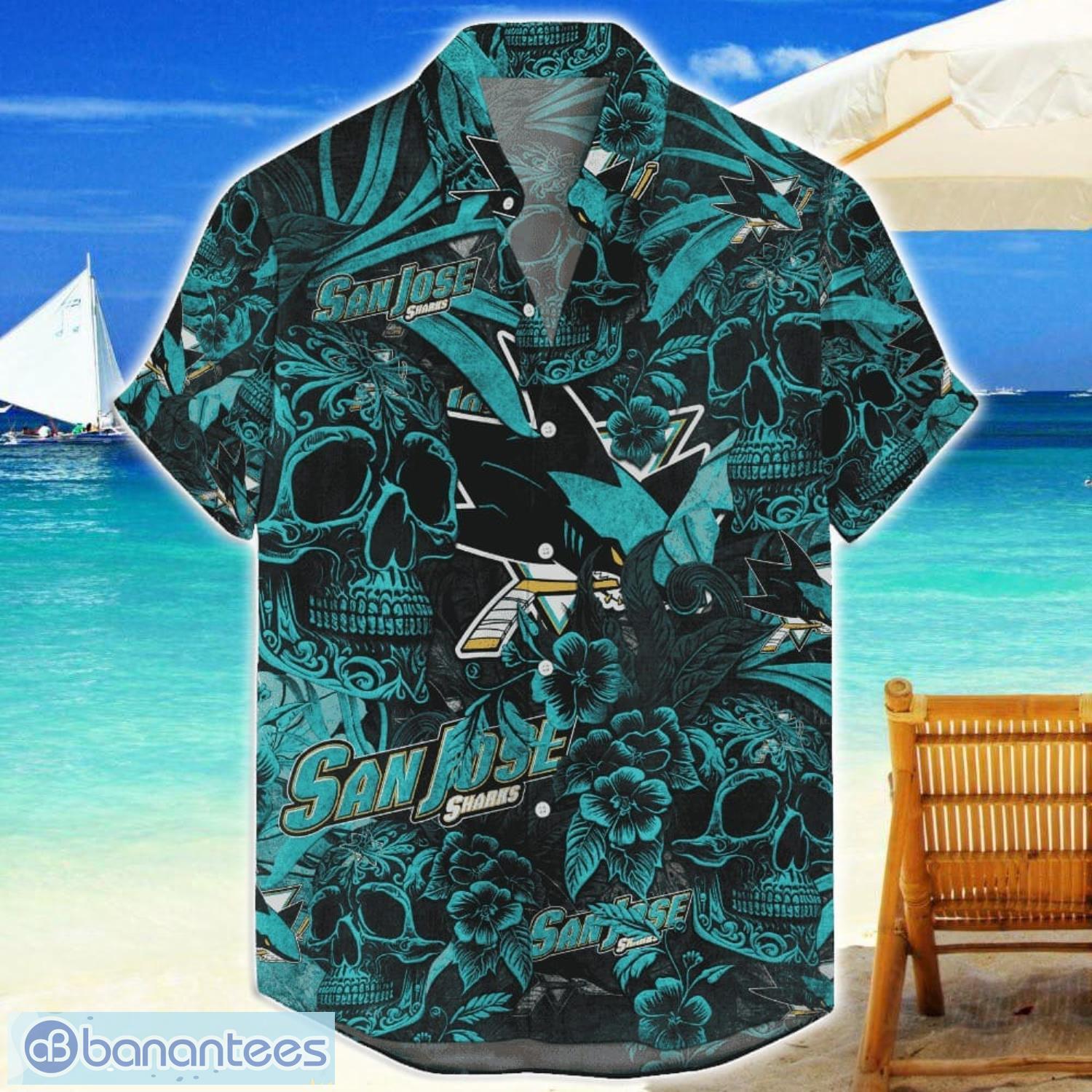 san jose sharks flower and skull hawaiian shirt nhl team halloween shirt image San Jose Sharks Flower and Skull Hawaiian Shirt NHL Team Halloween Shirt Product Photo 1
