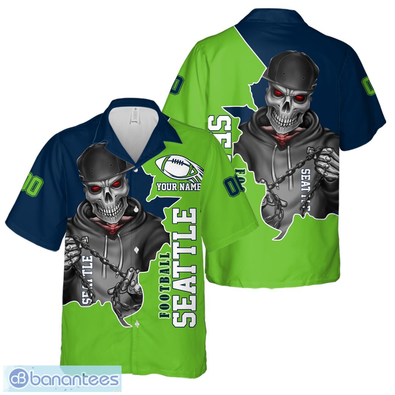 seattle football team hawaiian shirt and shorts personalized name and number for fans image Seattle Football Team Hawaiian Shirt And Shorts Personalized Name And Number For Fans Product Photo 1