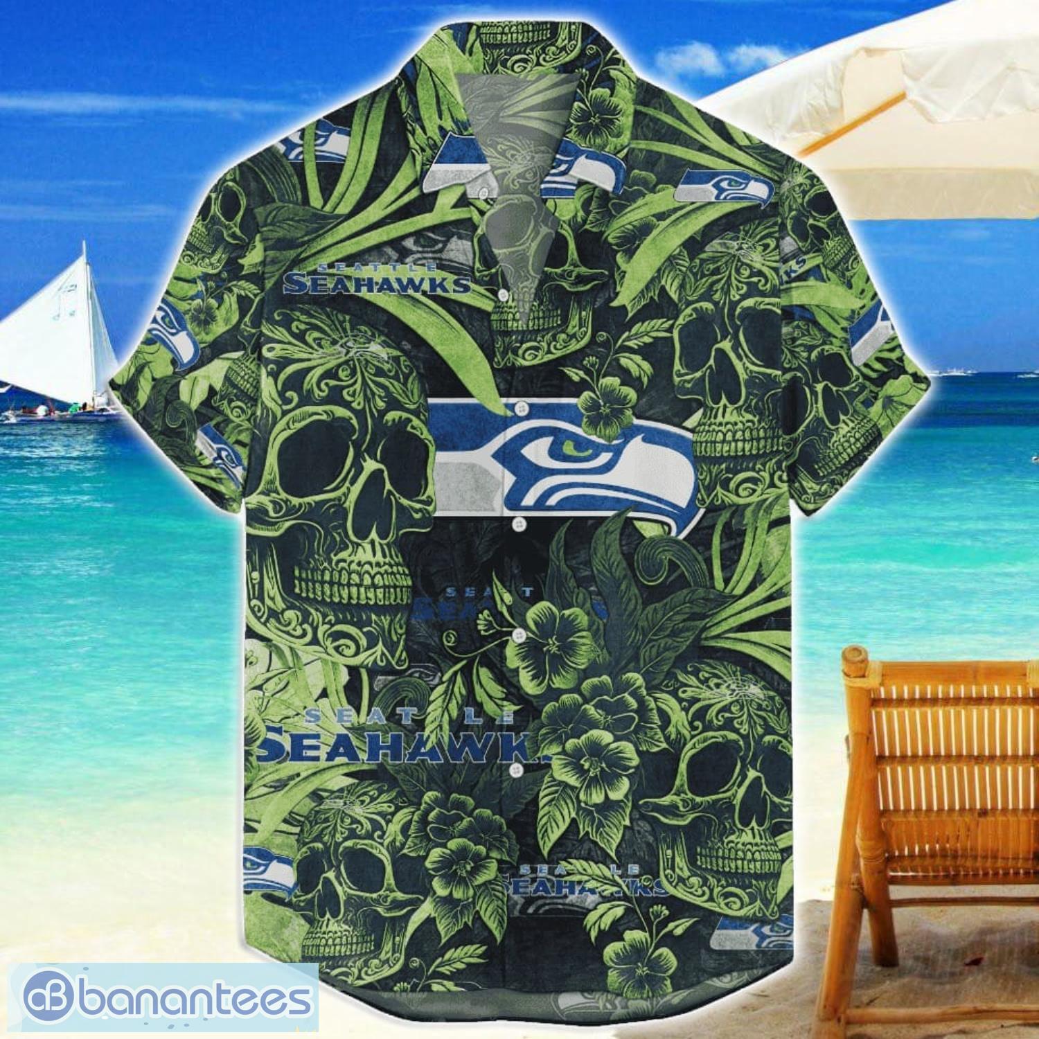 seattle seahawks flower and skull hawaiian shirt nfl team halloween shirt image Seattle Seahawks Flower and Skull Hawaiian Shirt NFL Team Halloween Shirt Product Photo 1