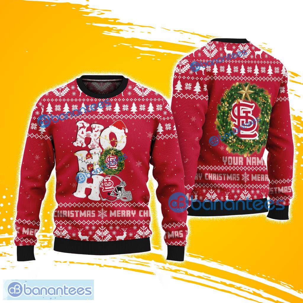 st louis cardinals mlb logo sport baseball ho ho ho hat santa ugly sweater christmas new designs image St Louis Cardinals MLB Logo Sport Baseball Ho Ho Ho Hat Santa Ugly Sweater Christmas New Designs Product Photo 1