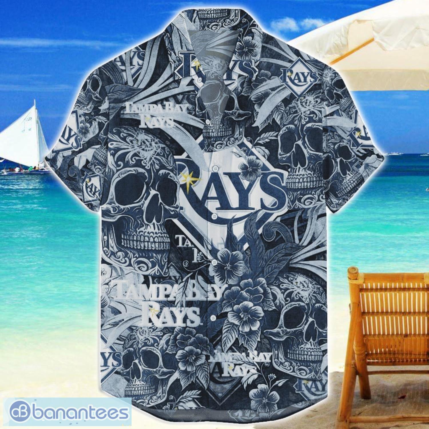 tampa bay rays flower and skull hawaiian shirt mlb team halloween shirt image Tampa Bay Rays Flower and Skull Hawaiian Shirt MLB Team Halloween Shirt Product Photo 1