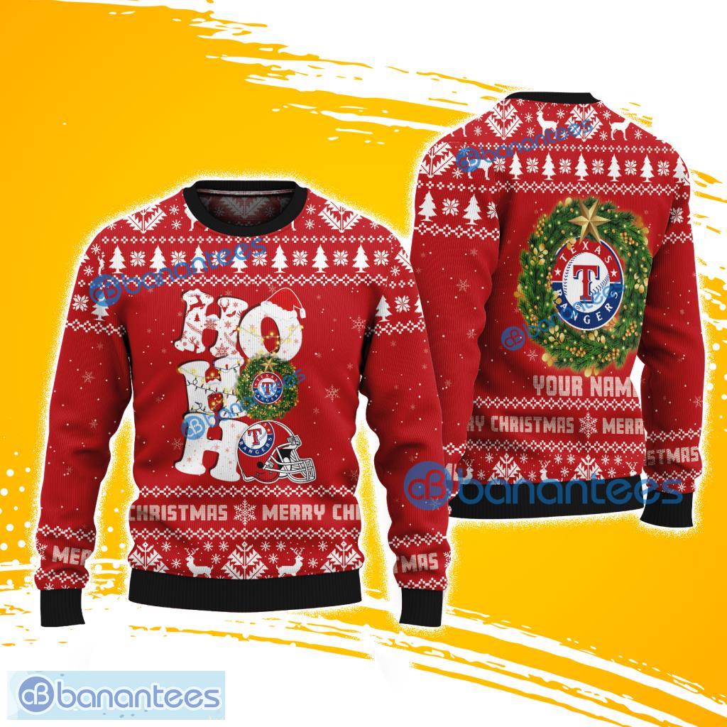 texas rangers mlb logo sport baseball ho ho ho hat santa ugly sweater christmas new designs image Texas Rangers MLB Logo Sport Baseball Ho Ho Ho Hat Santa Ugly Sweater Christmas New Designs Product Photo 1