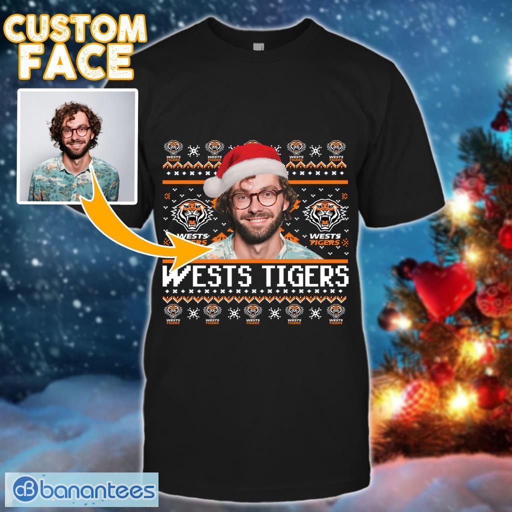 wests tigers custom face nrl ugly sweater t shirt for christmas image Wests Tigers Custom Face NRL Ugly Sweater T Shirt For Christmas Product Photo 1