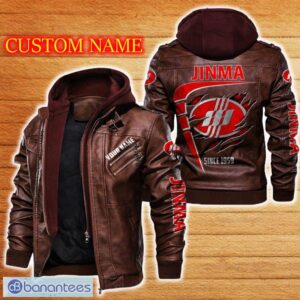 Jinma Leather Jacket Black And Brown Color Car Logo Trending All OVer Print Gift Fans Custom Name - Jinma Leather Jacket Car For Fans_2
