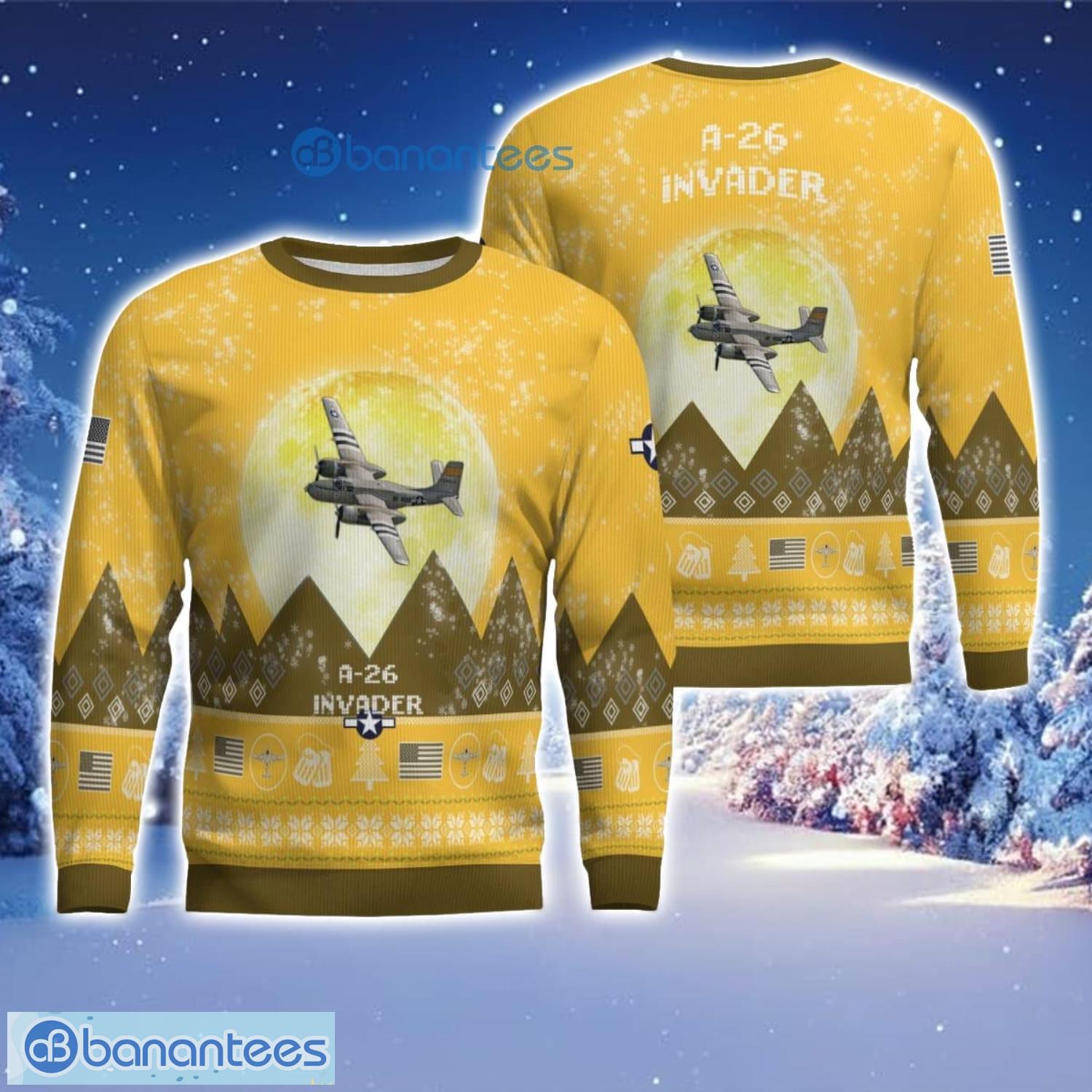 a 26 invader a26 aircraft moonlight 3d print ugly christmas sweater christmas gift yellow color sweater image A-26 Invader A26 Aircraft Moonlight 3D Print Ugly Christmas Sweater Christmas Gift Yellow Color Sweater Product Photo 1